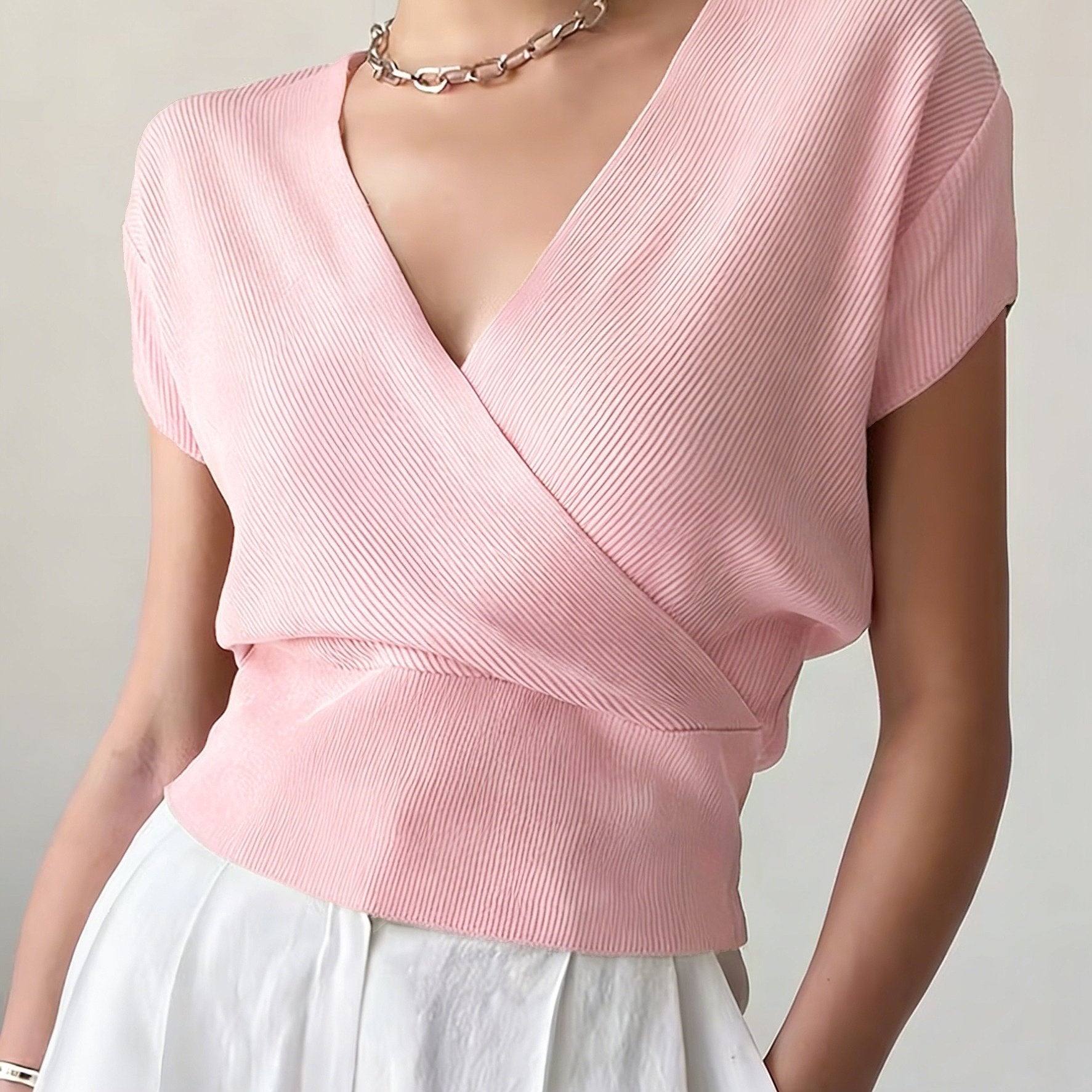 Women's Cross V-Neck Short Sleeve Blouse – Loose Fit Summer Wrap Top