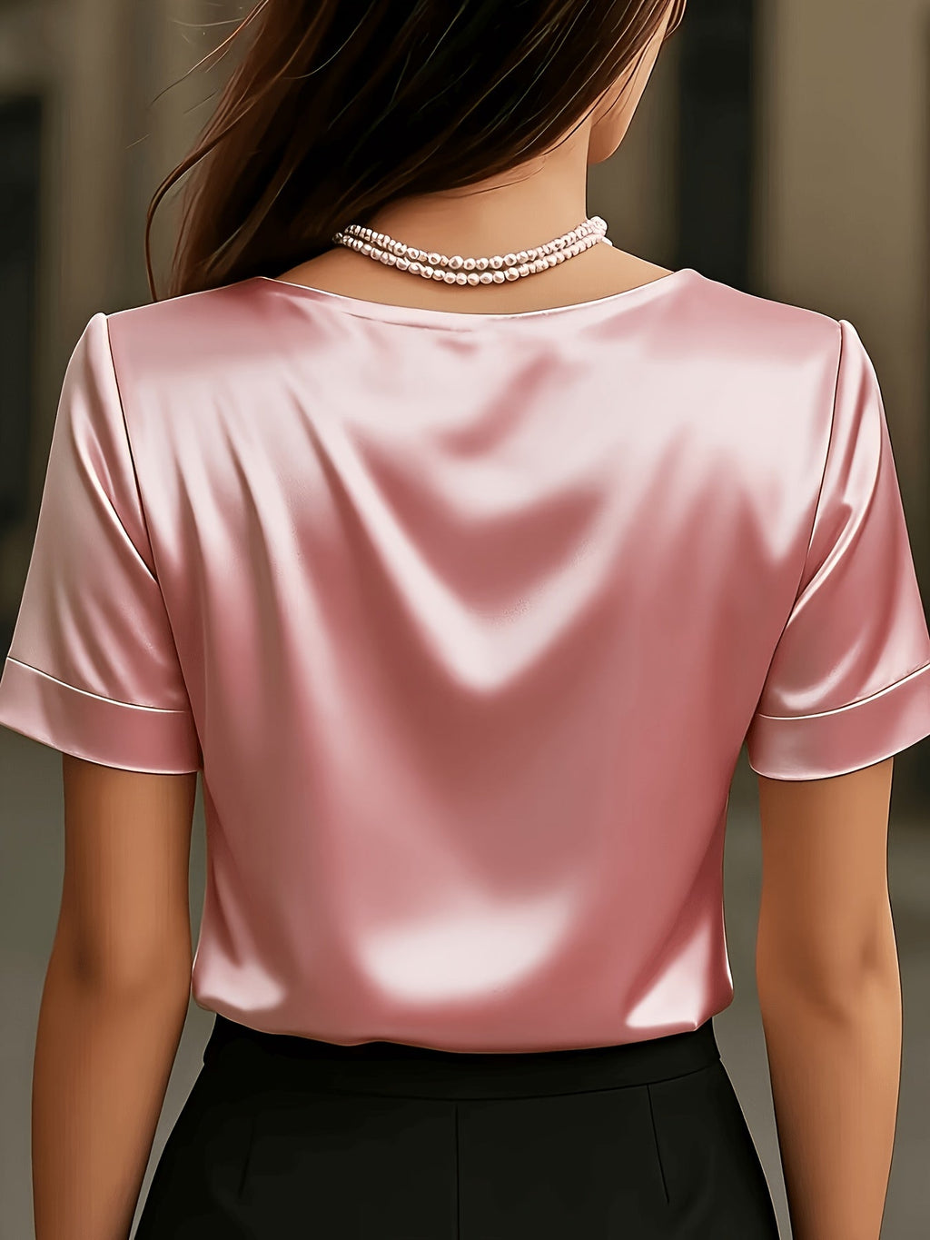Women's Satin V-Neck Short Sleeve Blouse – Elegant Solid Color Casual Top