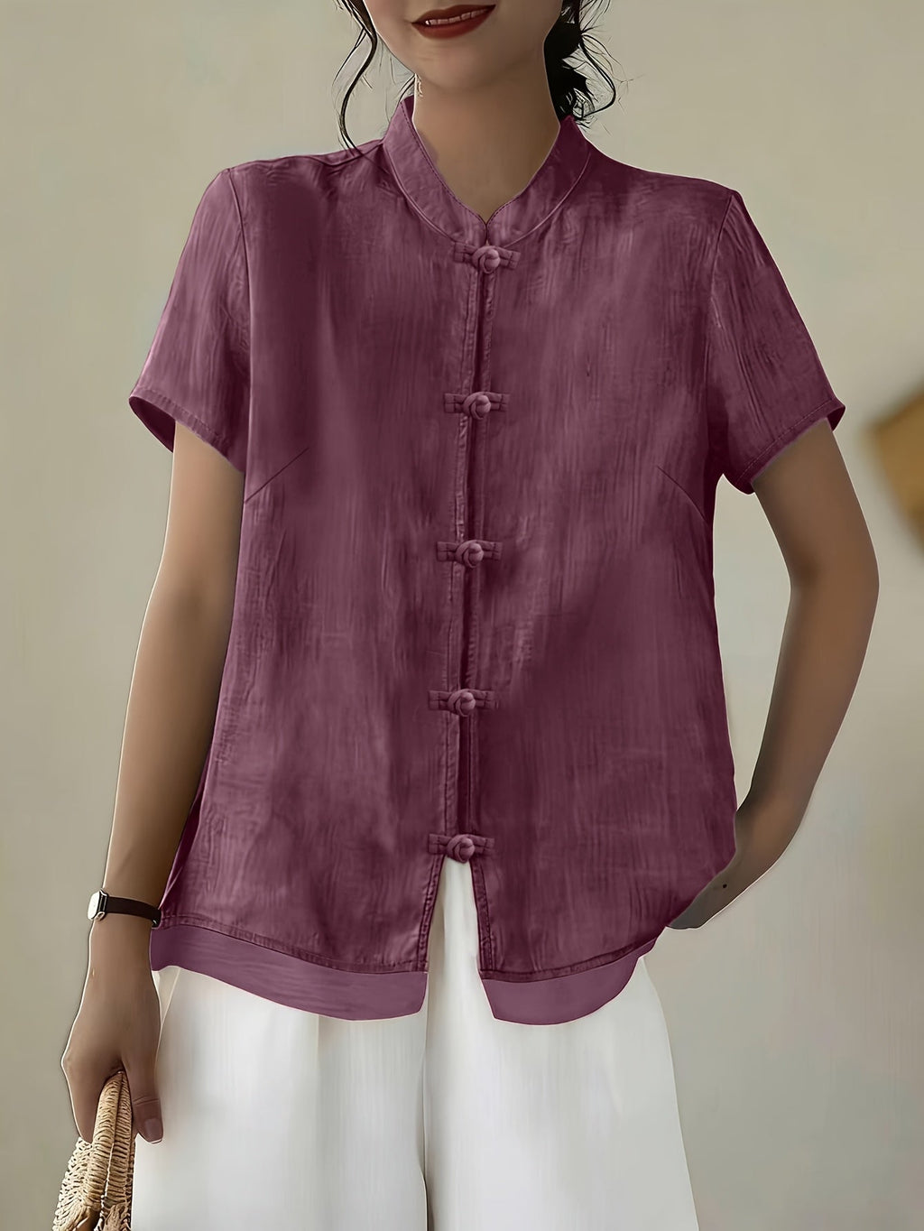 Women's Mandarin Collar Button Front Blouse – Short Sleeve Casual Viscose Shirt
