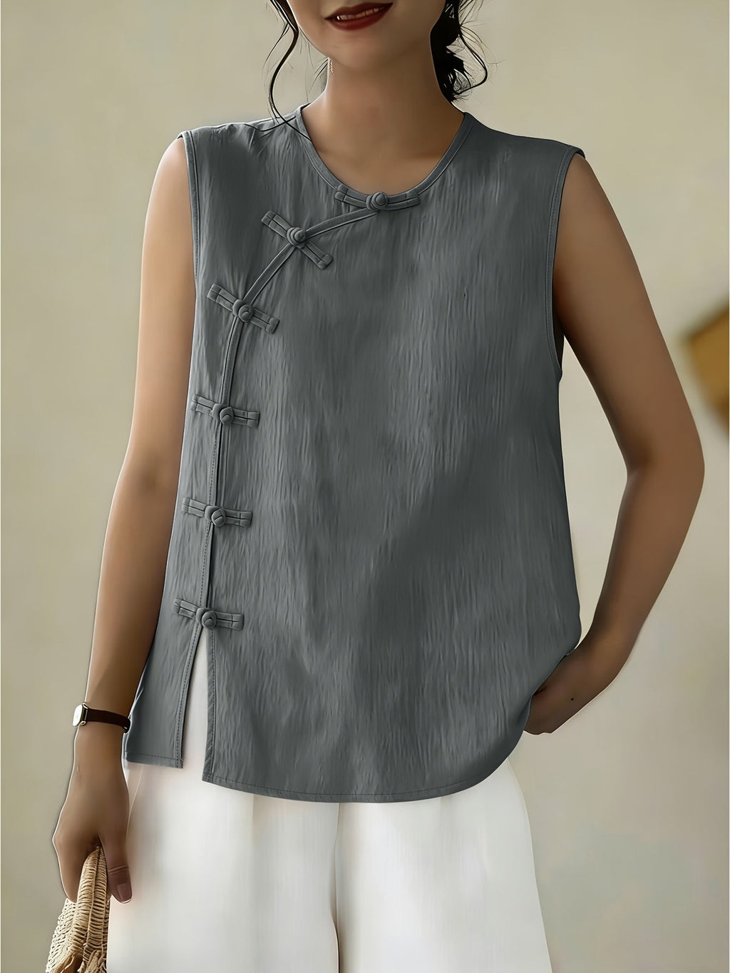 Women's Sleeveless Button Front Blouse – Crew Neck Casual Summer Tank Top