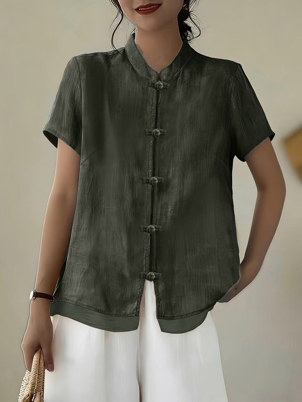 Women's Mandarin Collar Button Front Blouse – Short Sleeve Casual Viscose Shirt