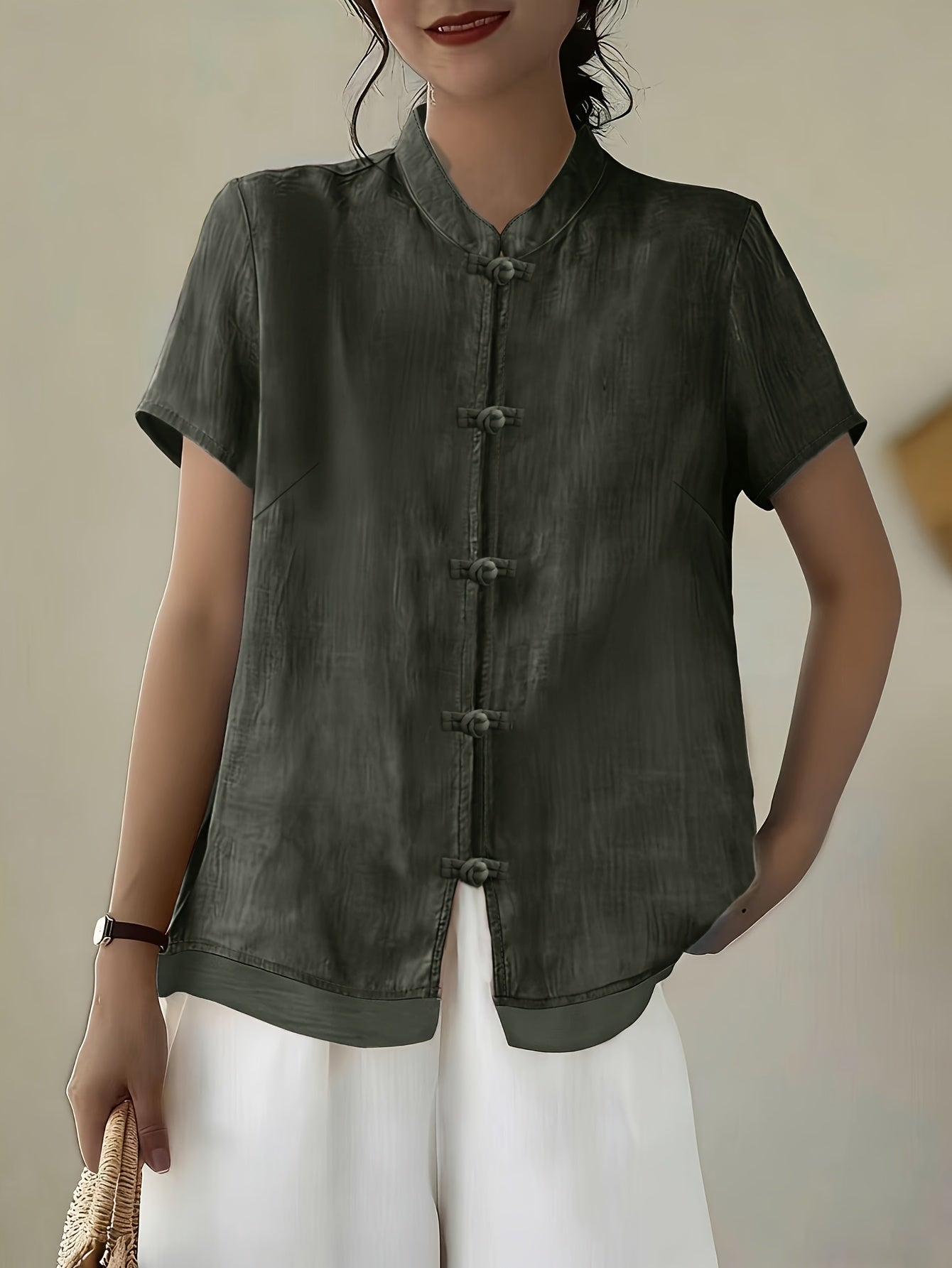 Women's Mandarin Collar Button Front Blouse – Short Sleeve Casual Viscose Shirt