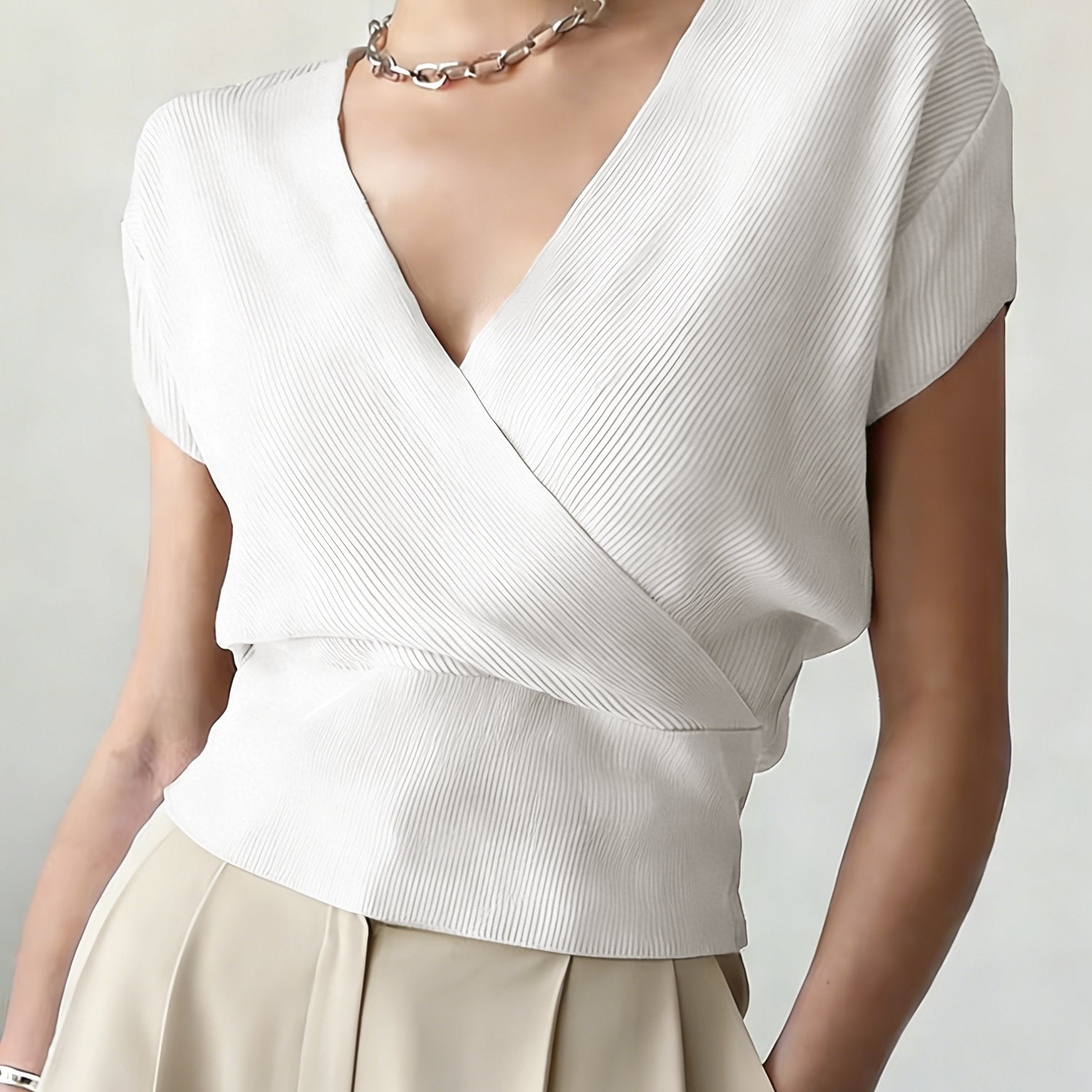 Women's Cross V-Neck Short Sleeve Blouse – Loose Fit Summer Wrap Top