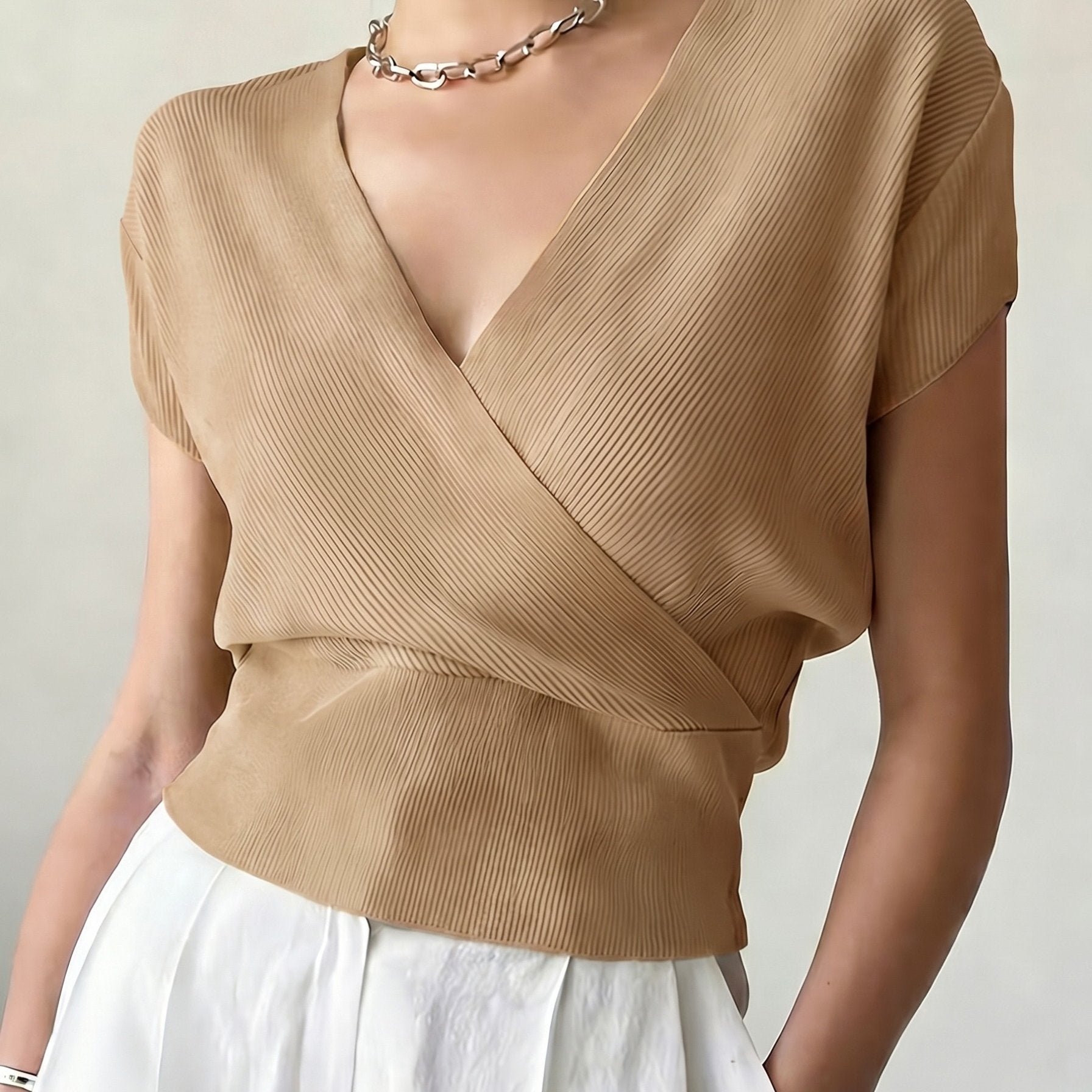 Women's Cross V-Neck Short Sleeve Blouse – Loose Fit Summer Wrap Top