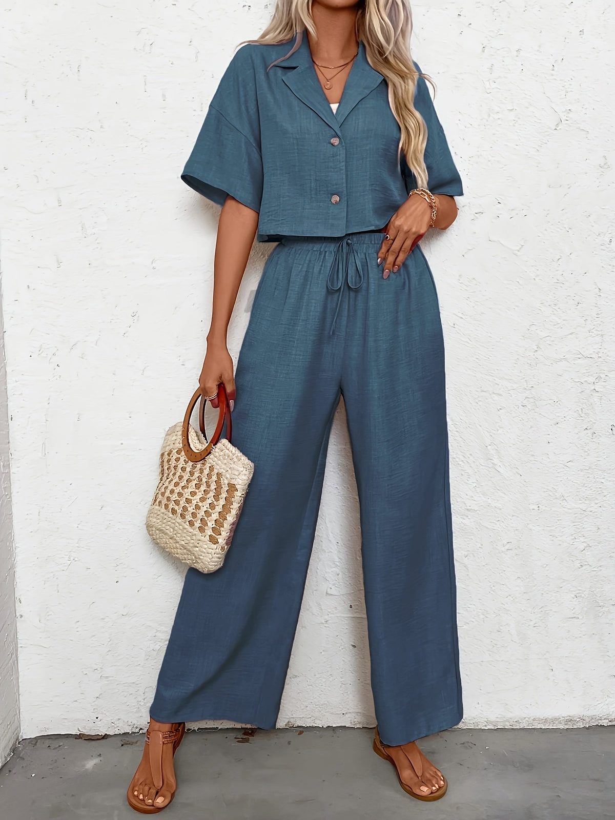 Women's Button Front Two-Piece Outfit – Short Sleeve Shirt & Wide Leg Pants Set