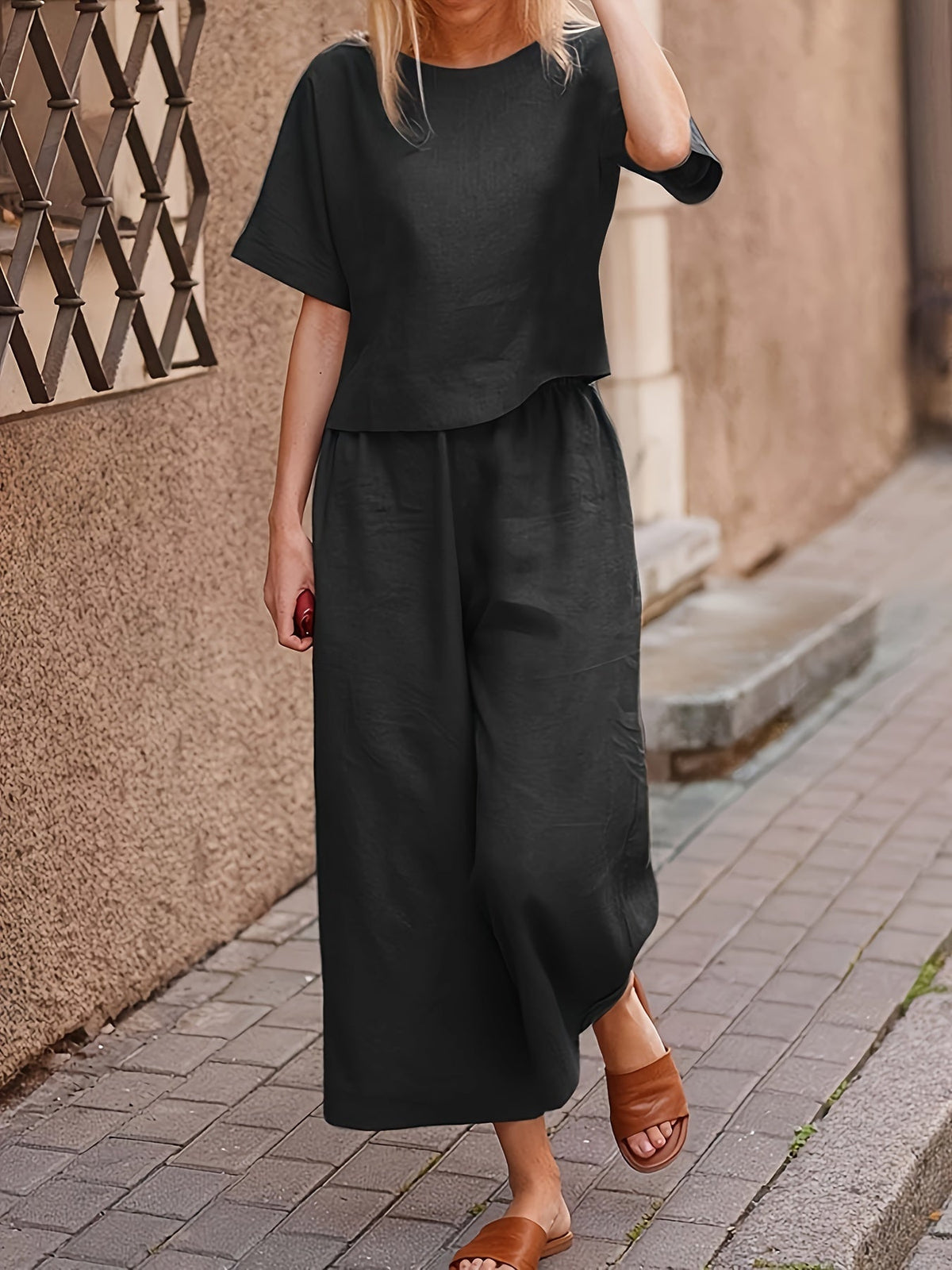 Women's Casual Two-Piece Outfit – Crew Neck Short Sleeve Top & Wide Leg Pants Set