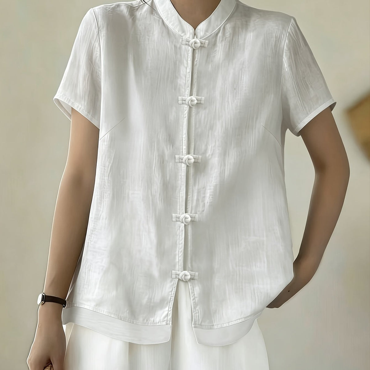 Women's Mandarin Collar Button Front Blouse – Short Sleeve Casual Viscose Shirt