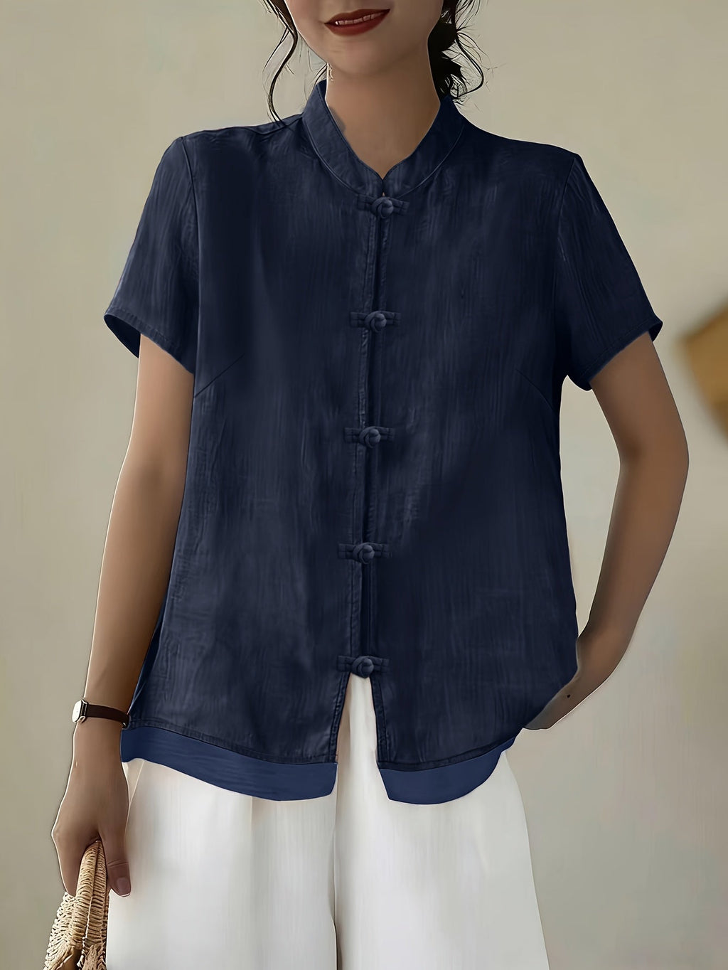 Women's Mandarin Collar Button Front Blouse – Short Sleeve Casual Viscose Shirt