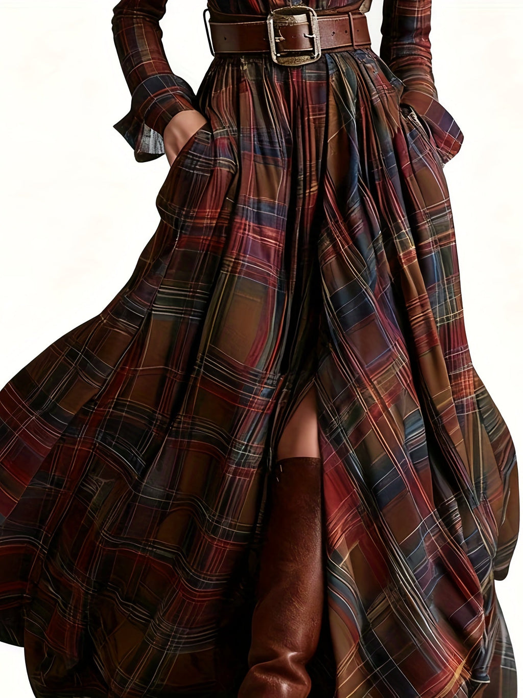 Women's Vintage Plaid Long Sleeve Maxi Shirt Dress with Button Front