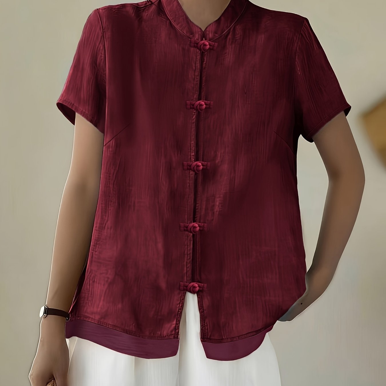 Women's Mandarin Collar Button Front Blouse – Short Sleeve Casual Viscose Shirt