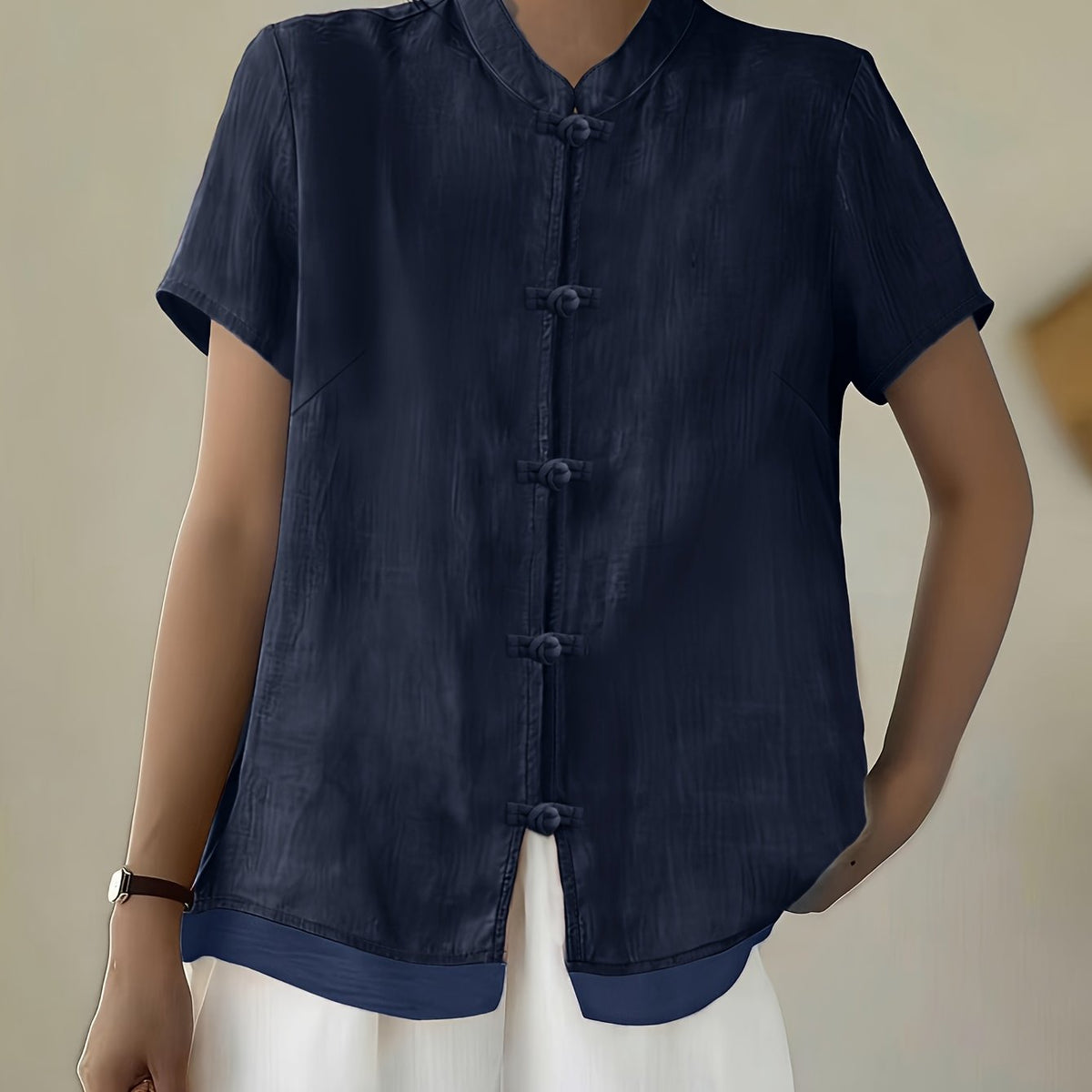 Women's Mandarin Collar Button Front Blouse – Short Sleeve Casual Viscose Shirt
