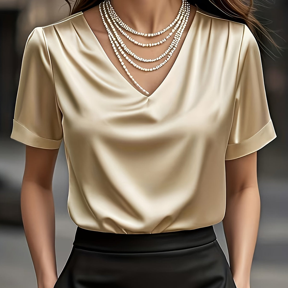 Women's Satin V-Neck Short Sleeve Blouse – Elegant Solid Color Casual Top