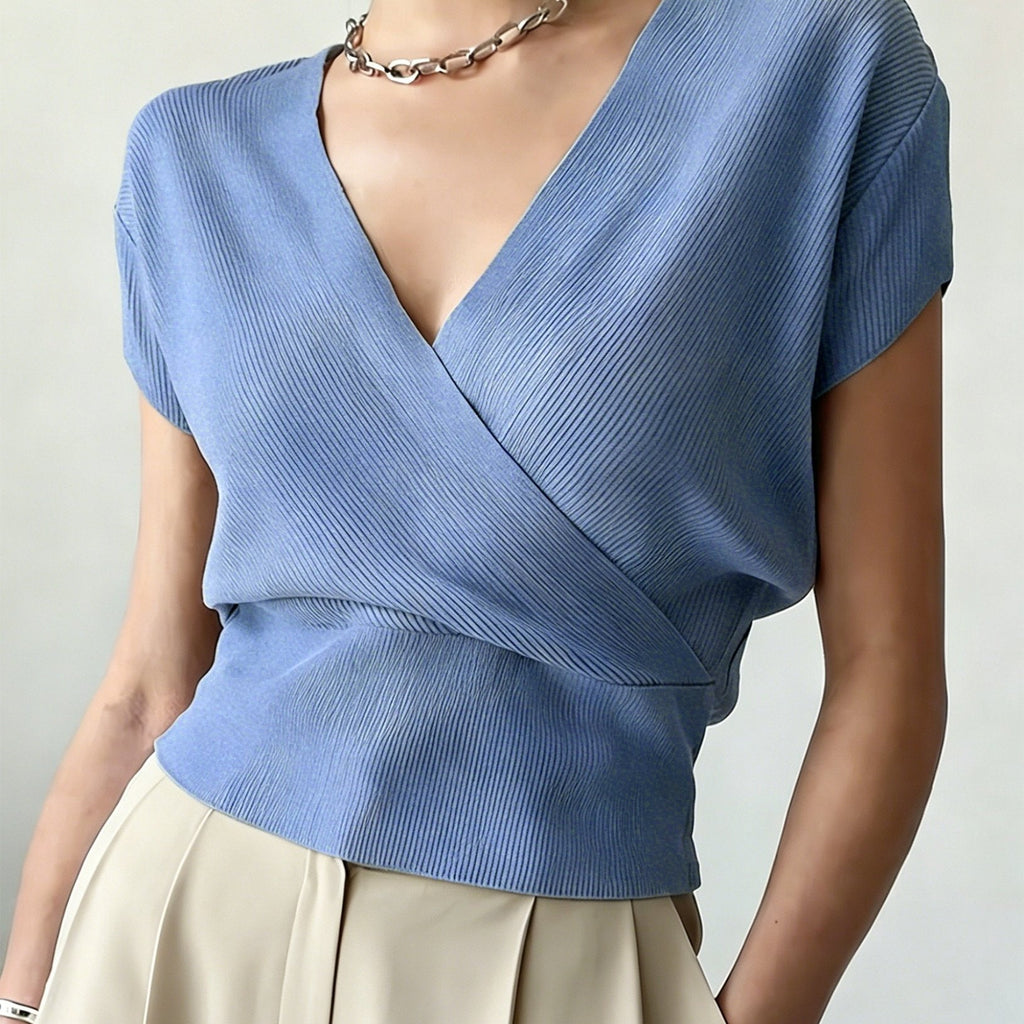 Women's Cross V-Neck Short Sleeve Blouse – Loose Fit Summer Wrap Top