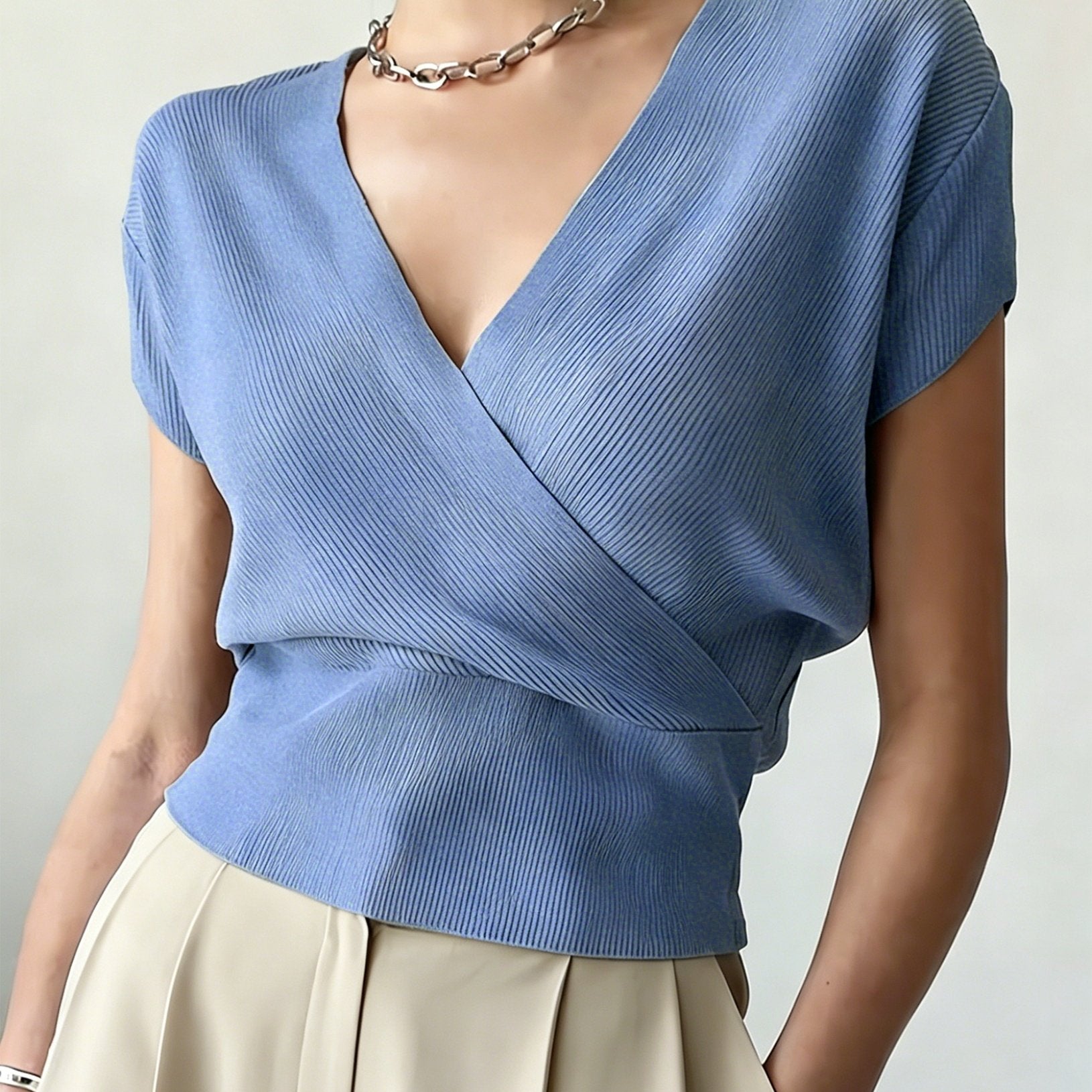 Women's Cross V-Neck Short Sleeve Blouse – Loose Fit Summer Wrap Top