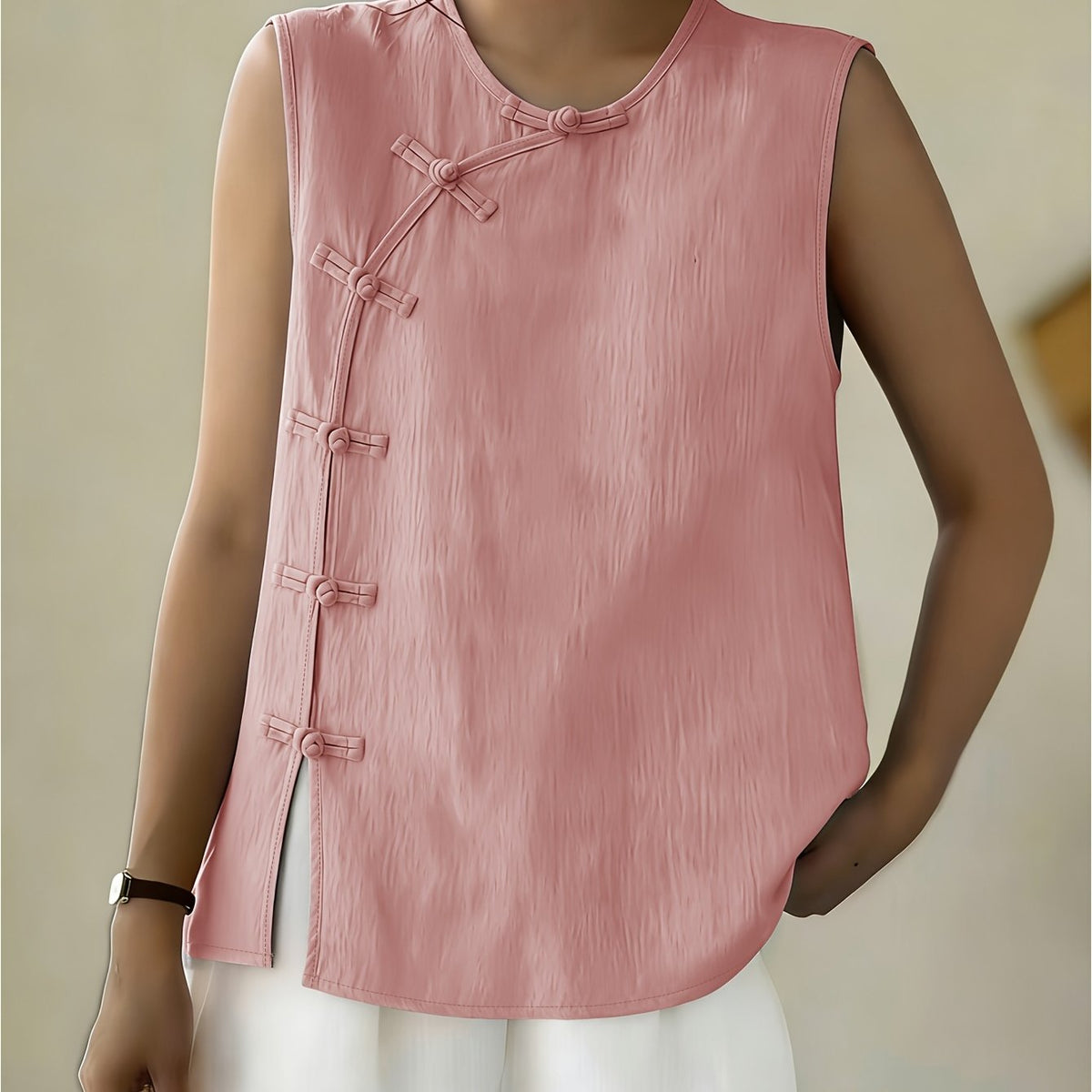 Women's Sleeveless Button Front Blouse – Crew Neck Casual Summer Tank Top