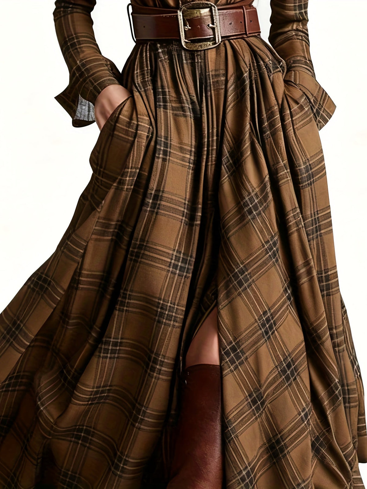 Women's Vintage Plaid Long Sleeve Maxi Shirt Dress with Button Front