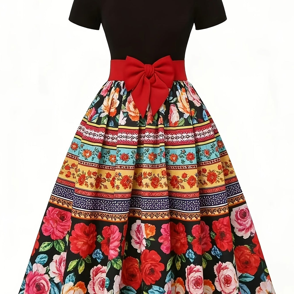 Women's Vintage Floral Print Midi Dress with Bow Belt & Short Sleeves