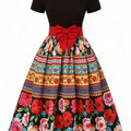 Women's Vintage Floral Print Midi Dress with Bow Belt & Short Sleeves