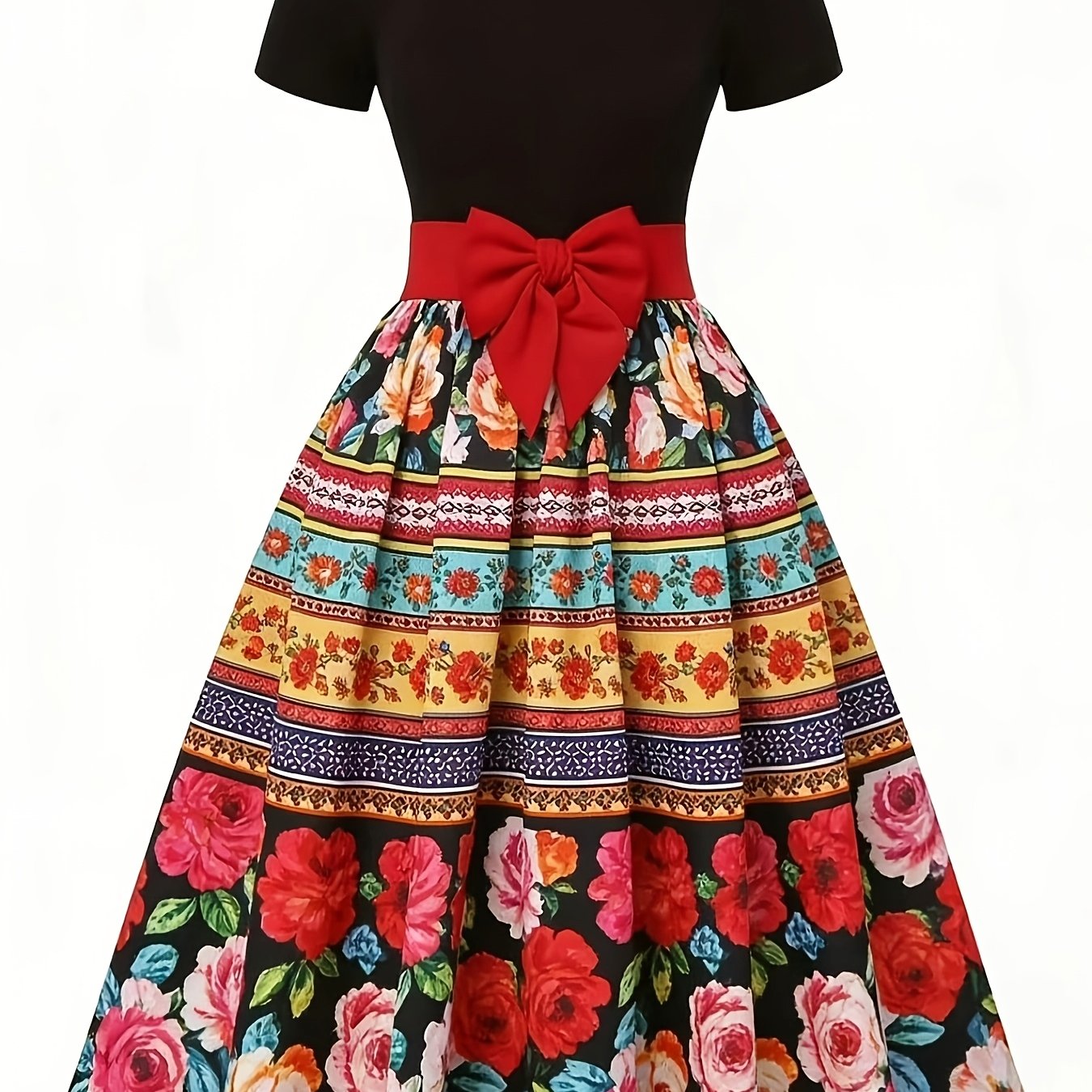 Women's Vintage Floral Print Midi Dress with Bow Belt & Short Sleeves