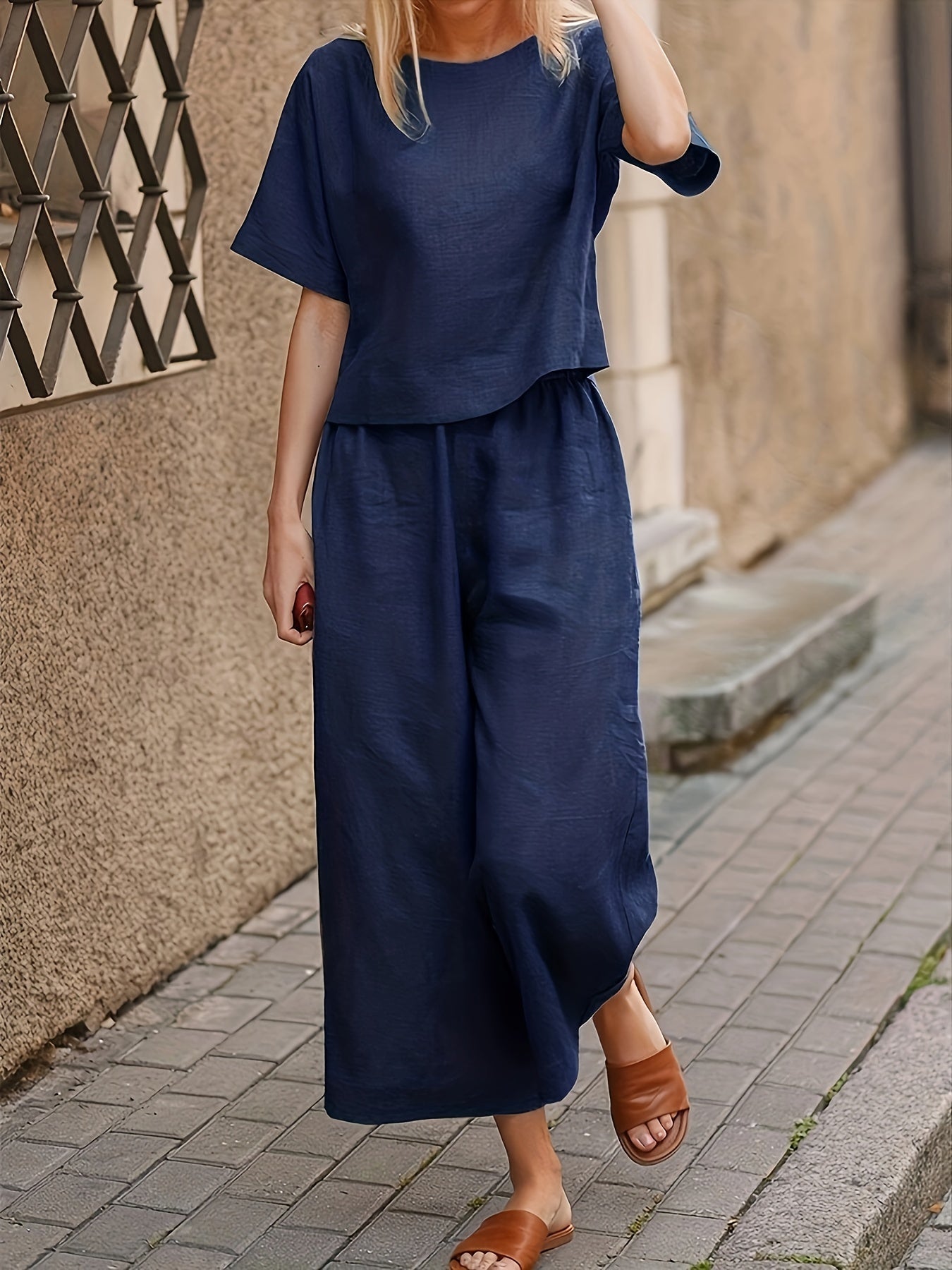 Women's Casual Two-Piece Outfit – Crew Neck Short Sleeve Top & Wide Leg Pants Set