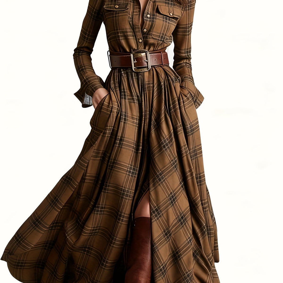 Women's Vintage Plaid Long Sleeve Maxi Shirt Dress with Button Front