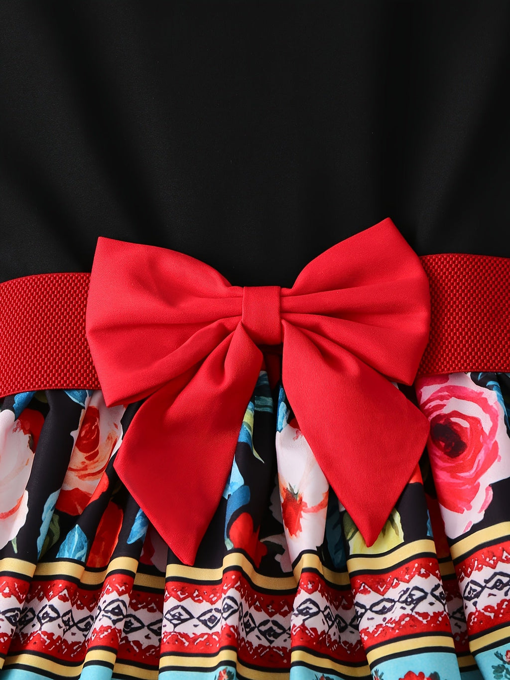 Women's Vintage Floral Print Midi Dress with Bow Belt & Short Sleeves