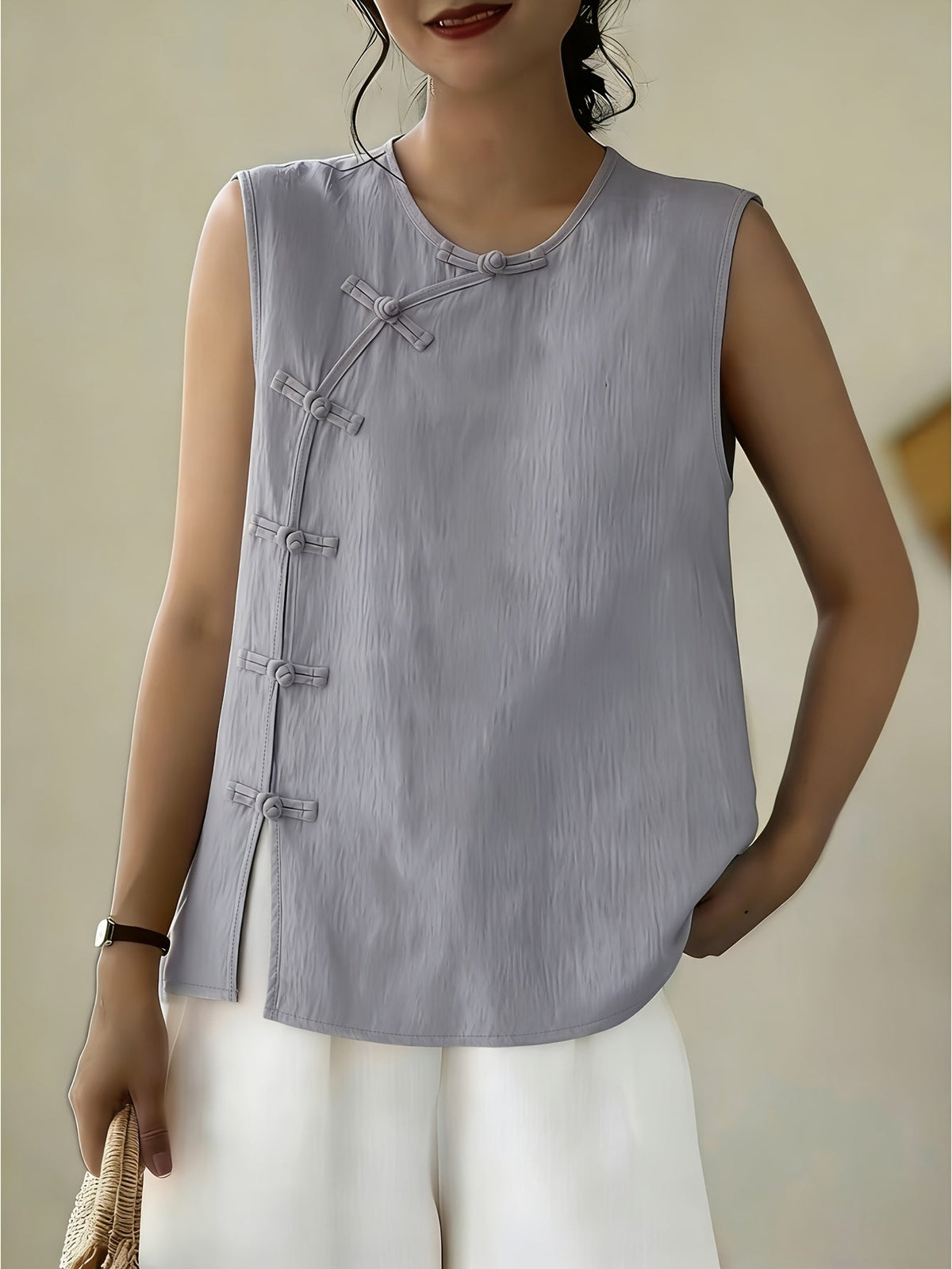 Women's Sleeveless Button Front Blouse – Crew Neck Casual Summer Tank Top