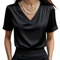 Women's Satin V-Neck Short Sleeve Blouse – Elegant Solid Color Casual Top