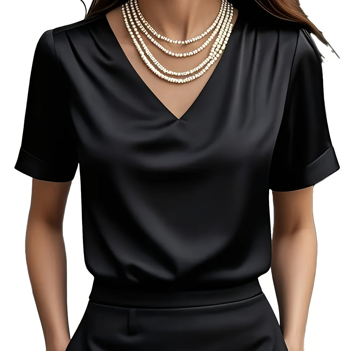 Women's Satin V-Neck Short Sleeve Blouse – Elegant Solid Color Casual Top