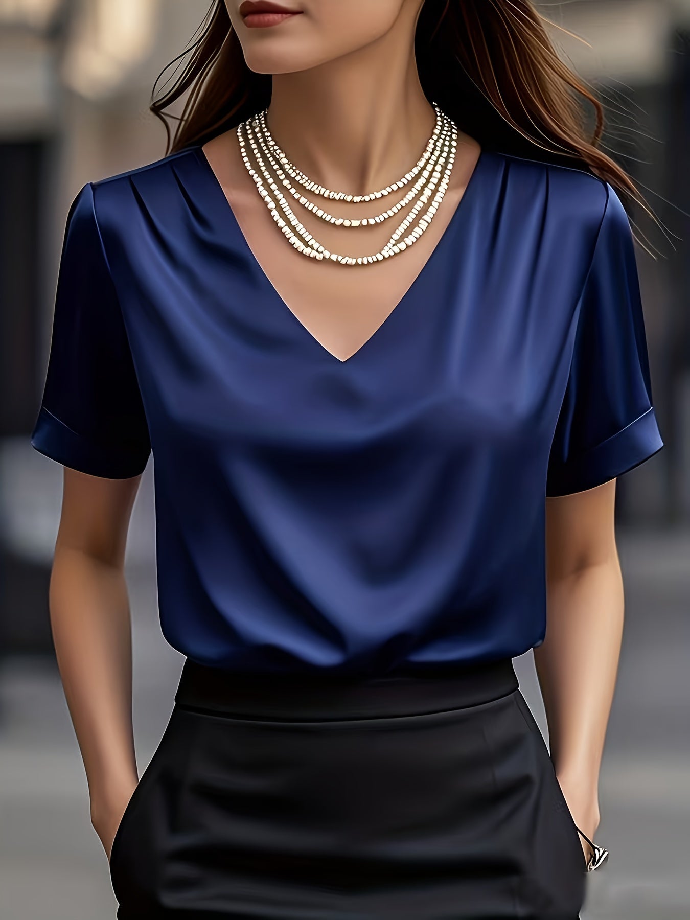 Women's Satin V-Neck Short Sleeve Blouse – Elegant Solid Color Casual Top