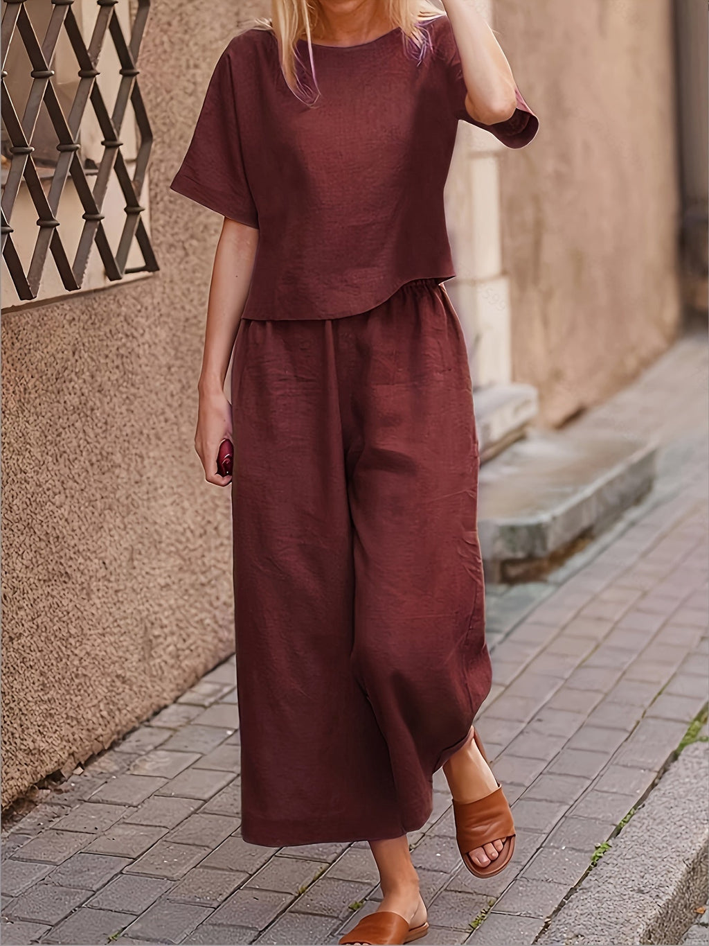 Women's Casual Two-Piece Outfit – Crew Neck Short Sleeve Top & Wide Leg Pants Set