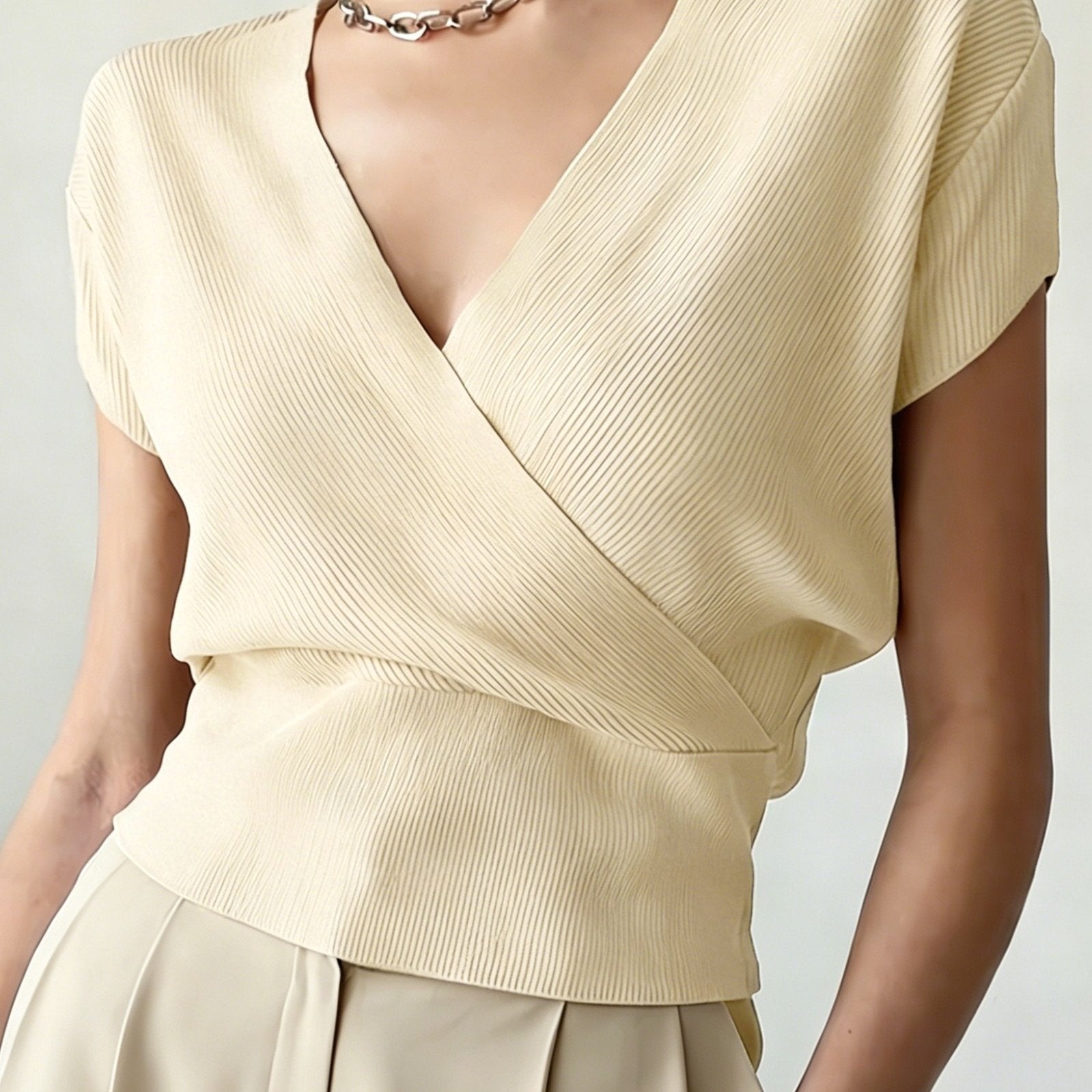 Women's Cross V-Neck Short Sleeve Blouse – Loose Fit Summer Wrap Top