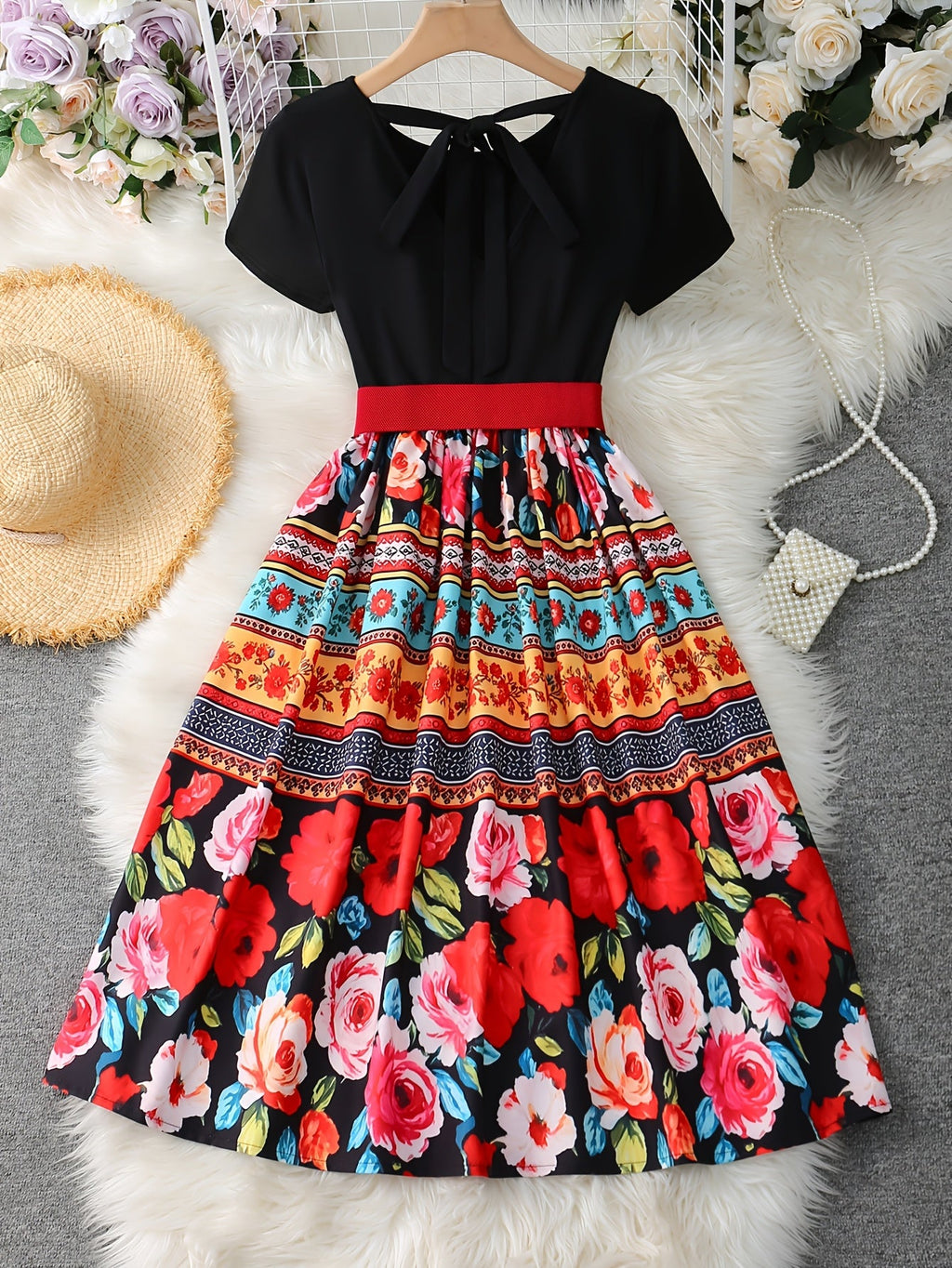 Women's Vintage Floral Print Midi Dress with Bow Belt & Short Sleeves