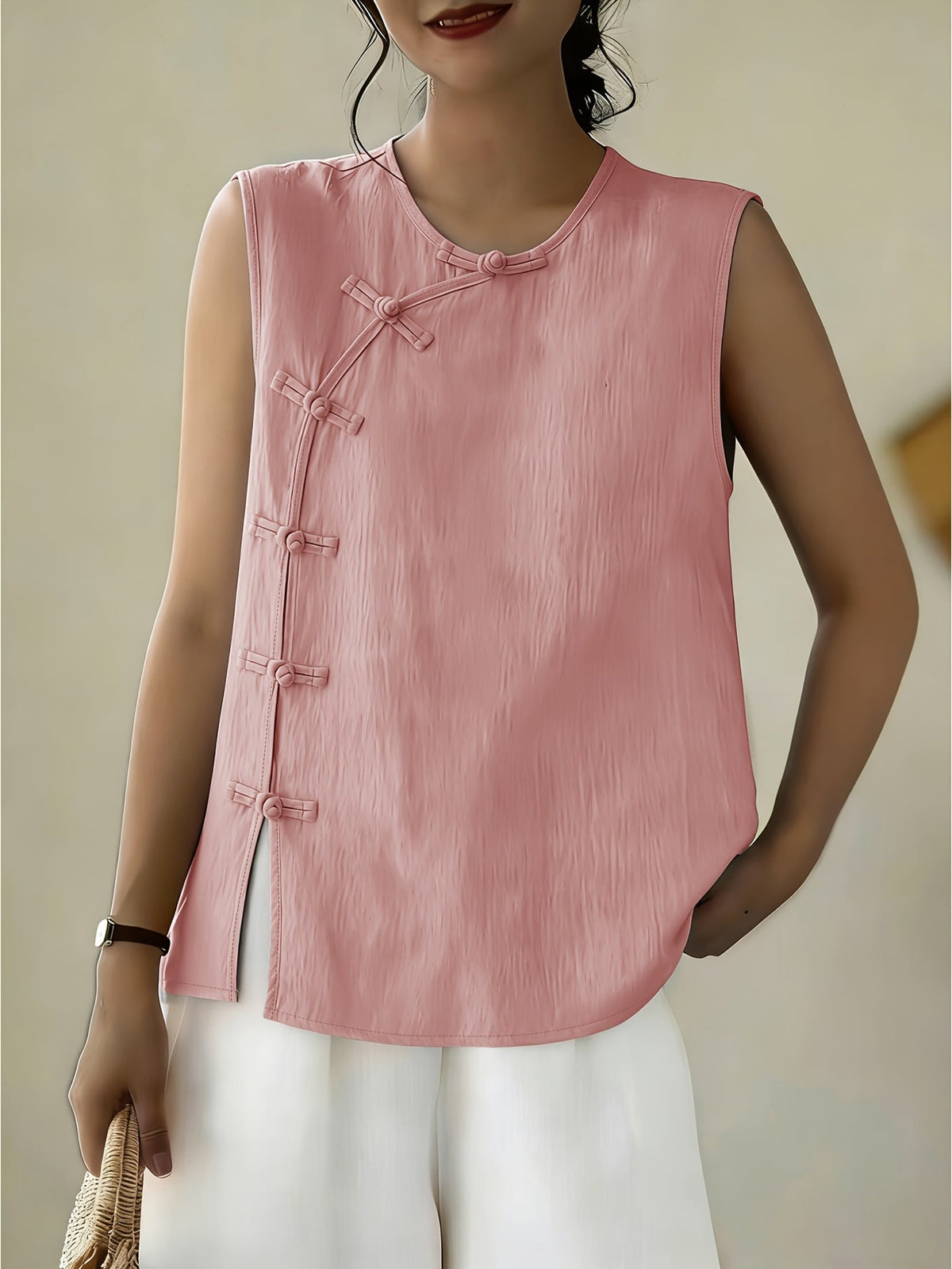 Women's Sleeveless Button Front Blouse – Crew Neck Casual Summer Tank Top