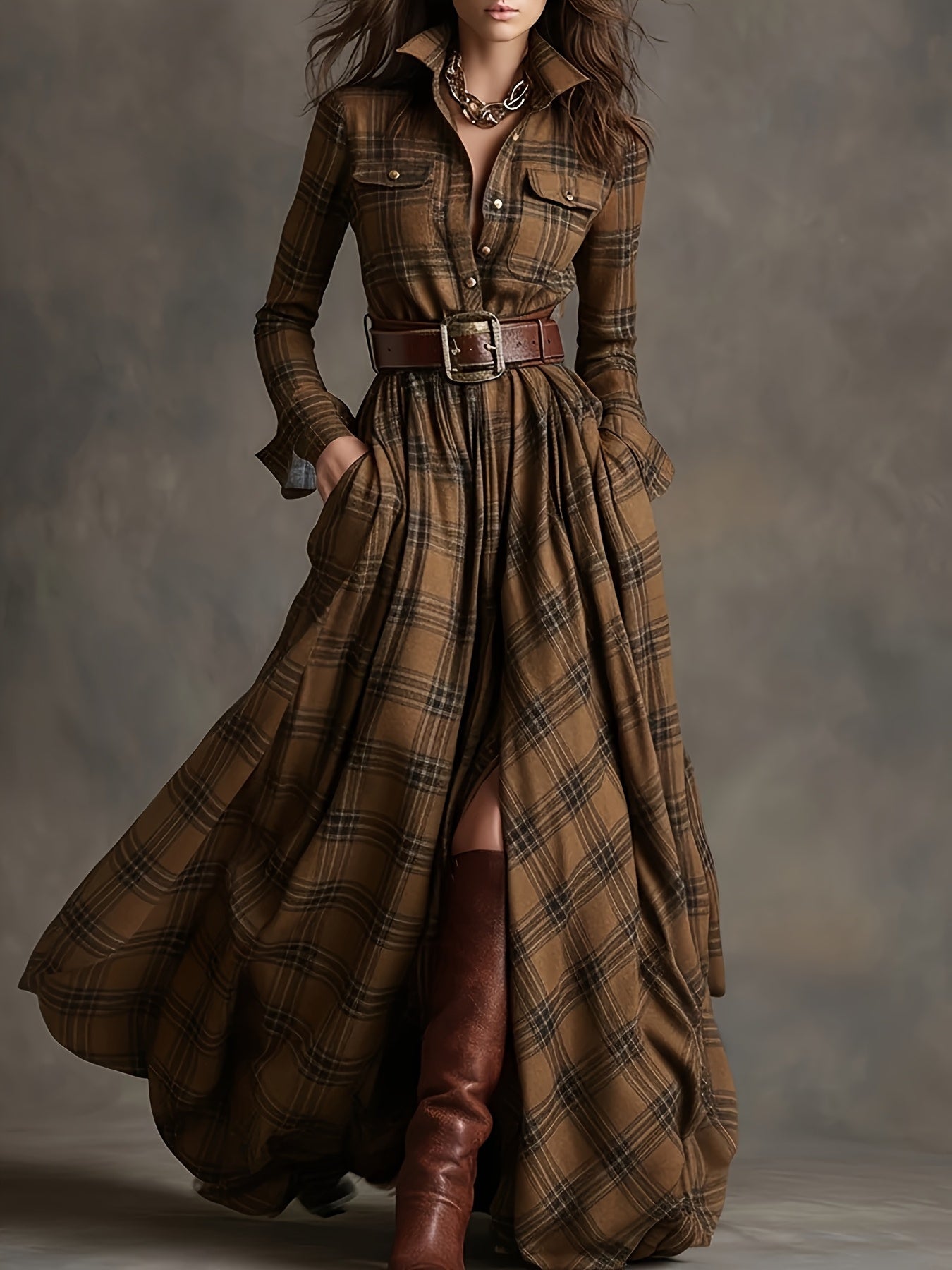 Women's Vintage Plaid Long Sleeve Maxi Shirt Dress with Button Front