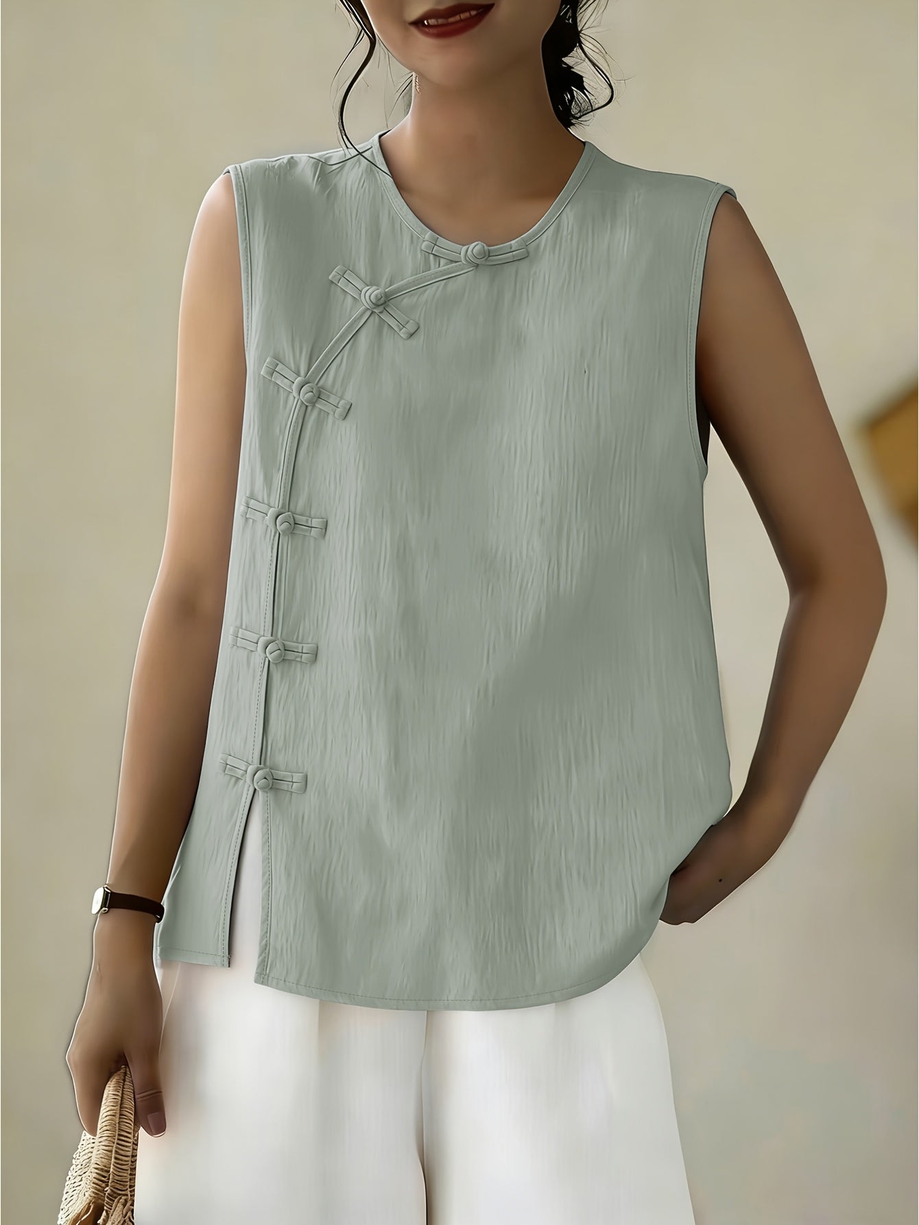 Women's Sleeveless Button Front Blouse – Crew Neck Casual Summer Tank Top