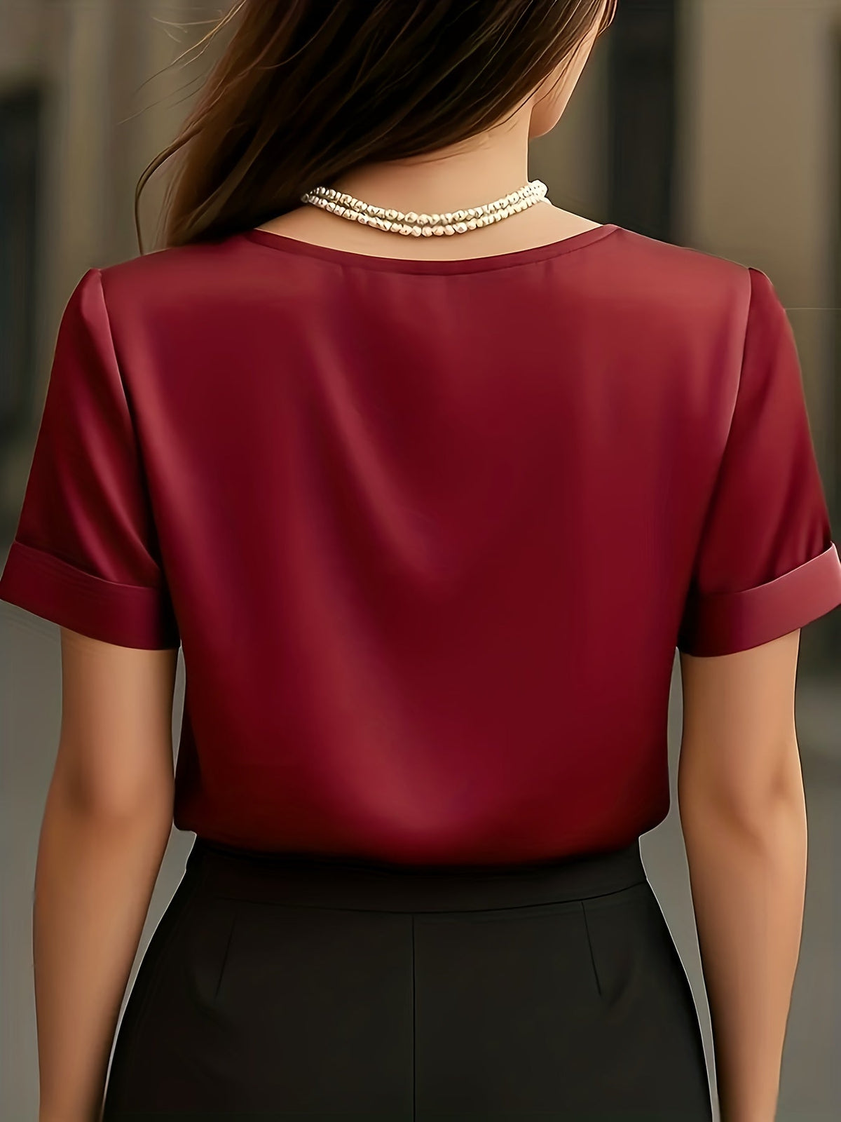 Women's Satin V-Neck Short Sleeve Blouse – Elegant Solid Color Casual Top