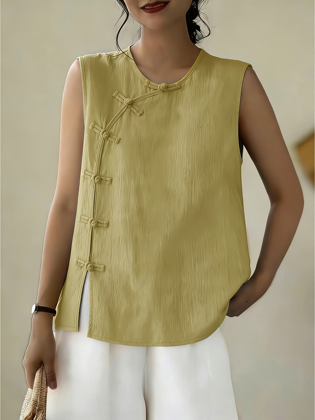 Women's Sleeveless Button Front Blouse – Crew Neck Casual Summer Tank Top