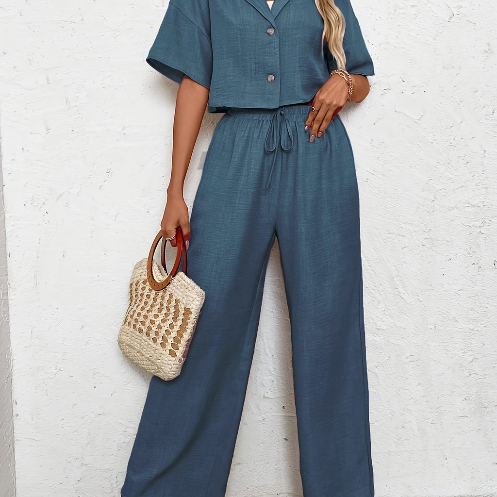 Women's Button Front Two-Piece Outfit – Short Sleeve Shirt & Wide Leg Pants Set