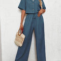 Women's Button Front Two-Piece Outfit – Short Sleeve Shirt & Wide Leg Pants Set