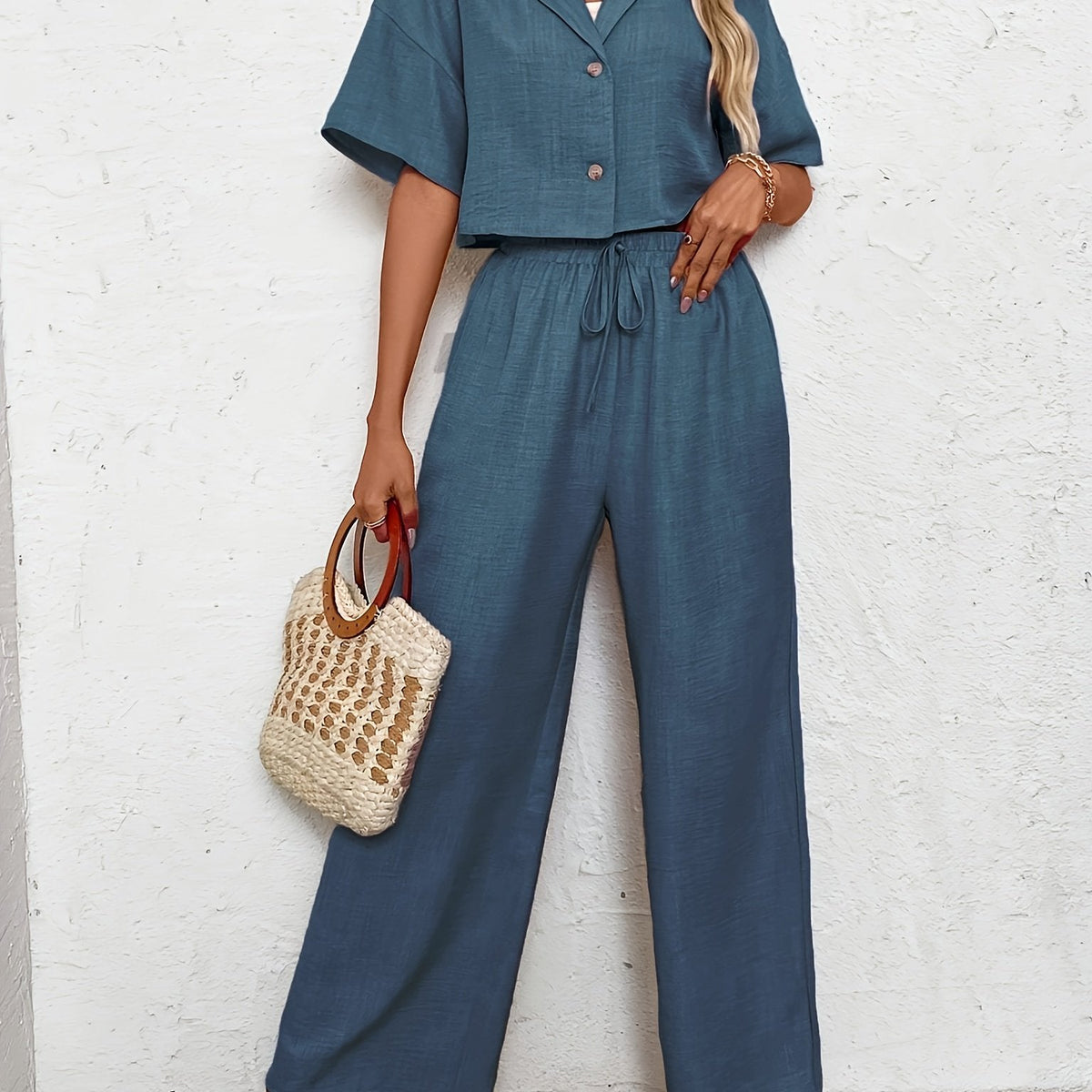 Women's Button Front Two-Piece Outfit – Short Sleeve Shirt & Wide Leg Pants Set