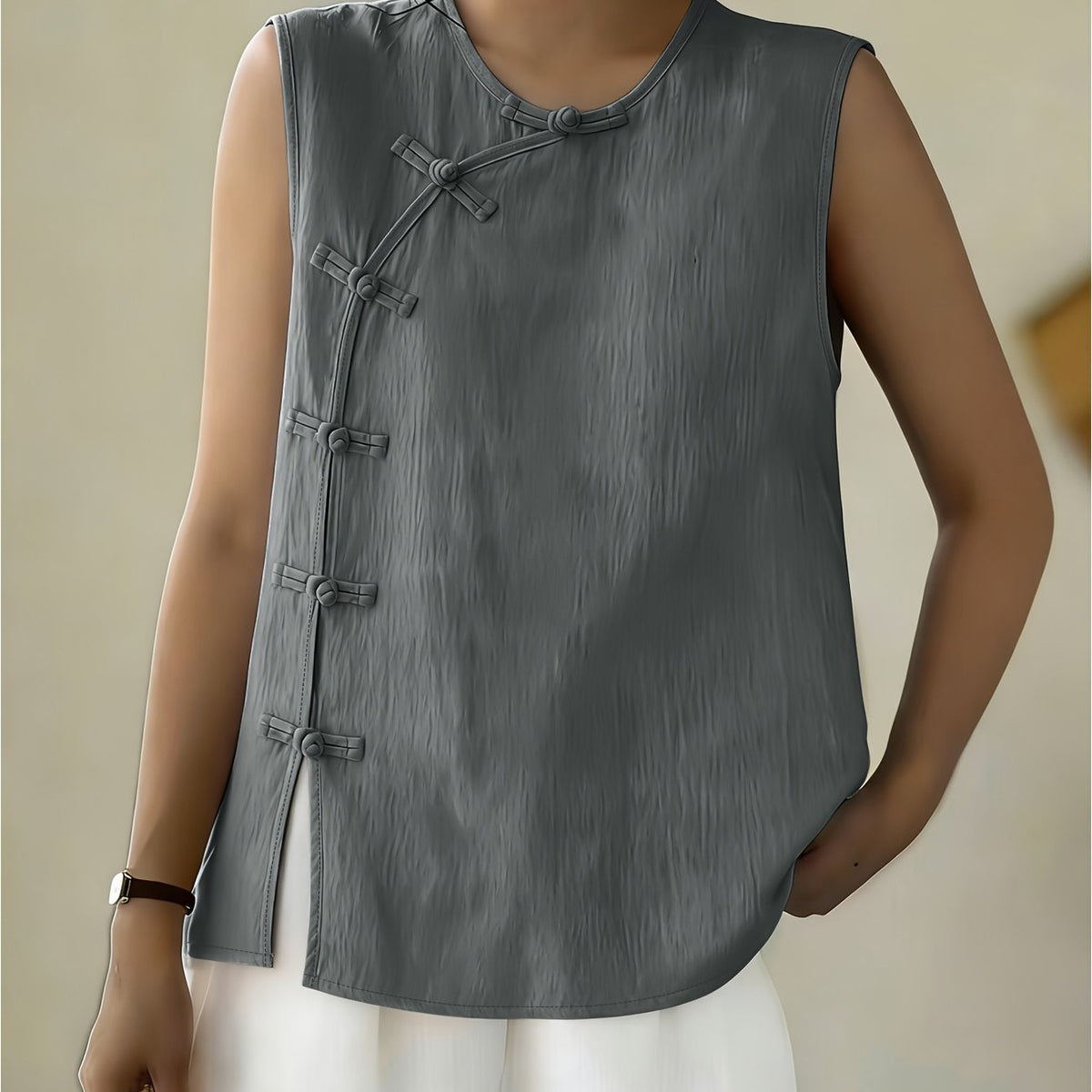 Women's Sleeveless Button Front Blouse – Crew Neck Casual Summer Tank Top