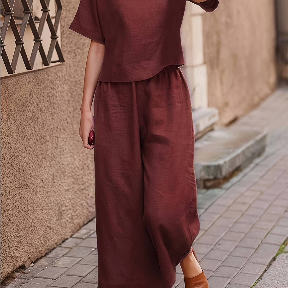 Women's Casual Two-Piece Outfit – Crew Neck Short Sleeve Top & Wide Leg Pants Set
