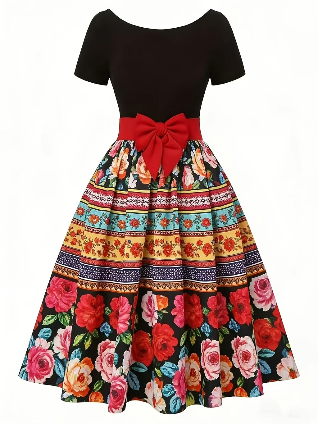 Women's Vintage Floral Print Midi Dress with Bow Belt & Short Sleeves