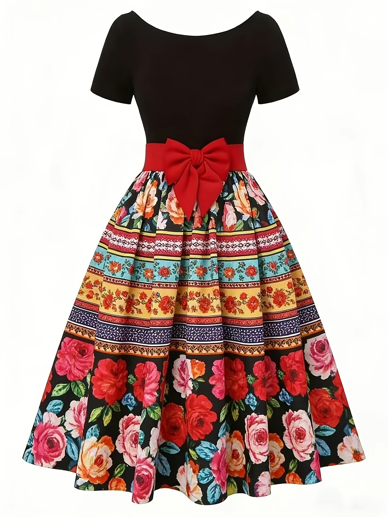 Women's Vintage Floral Print Midi Dress with Bow Belt & Short Sleeves