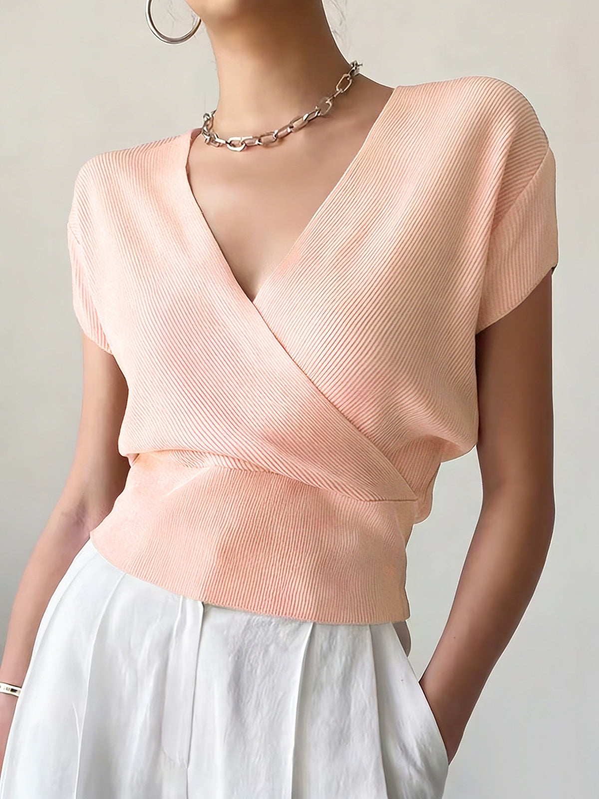 Women's Cross V-Neck Short Sleeve Blouse – Loose Fit Summer Wrap Top