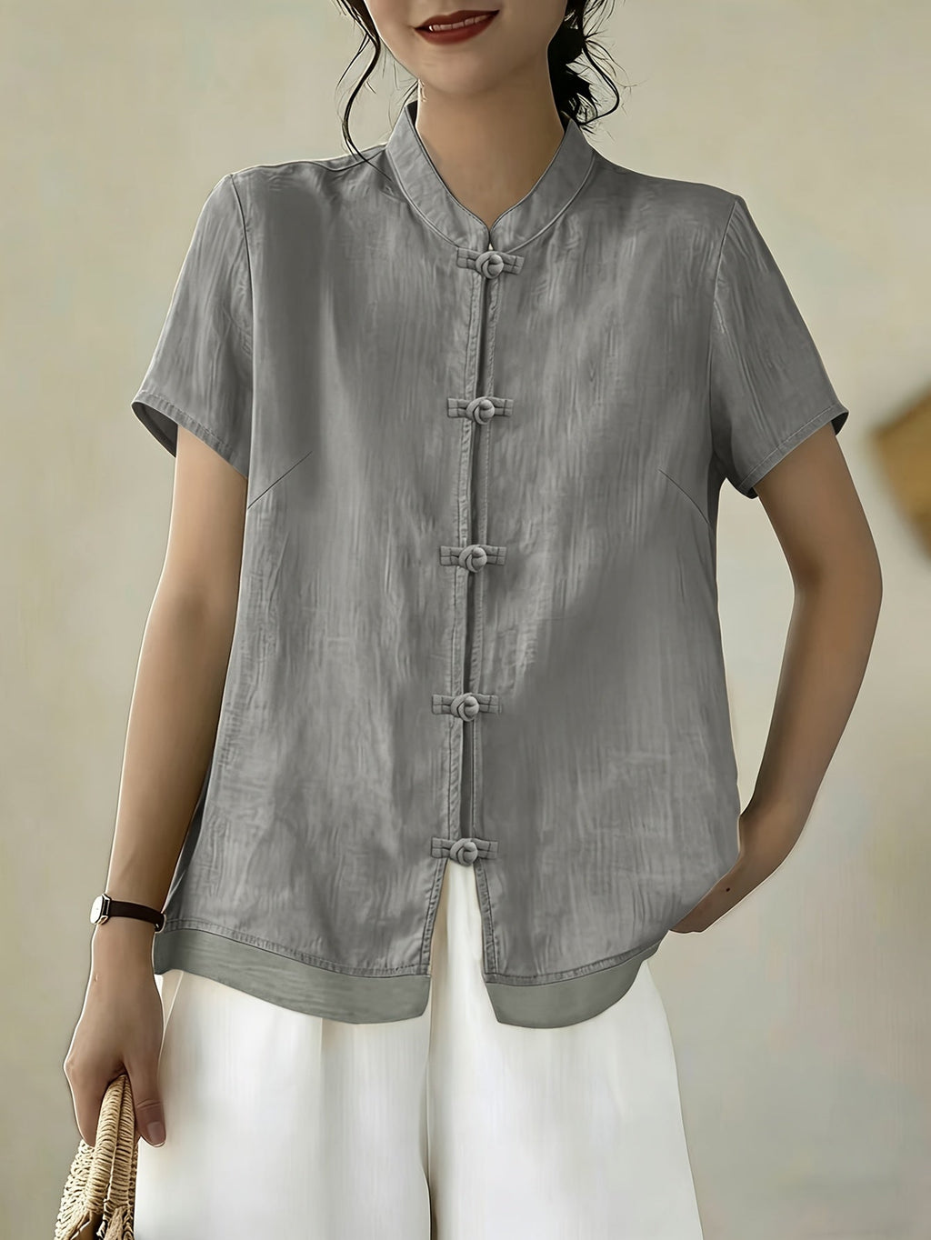 Women's Mandarin Collar Button Front Blouse – Short Sleeve Casual Viscose Shirt