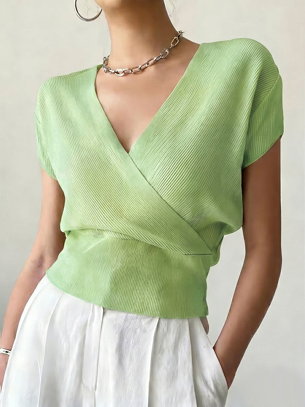 Women's Cross V-Neck Short Sleeve Blouse – Loose Fit Summer Wrap Top