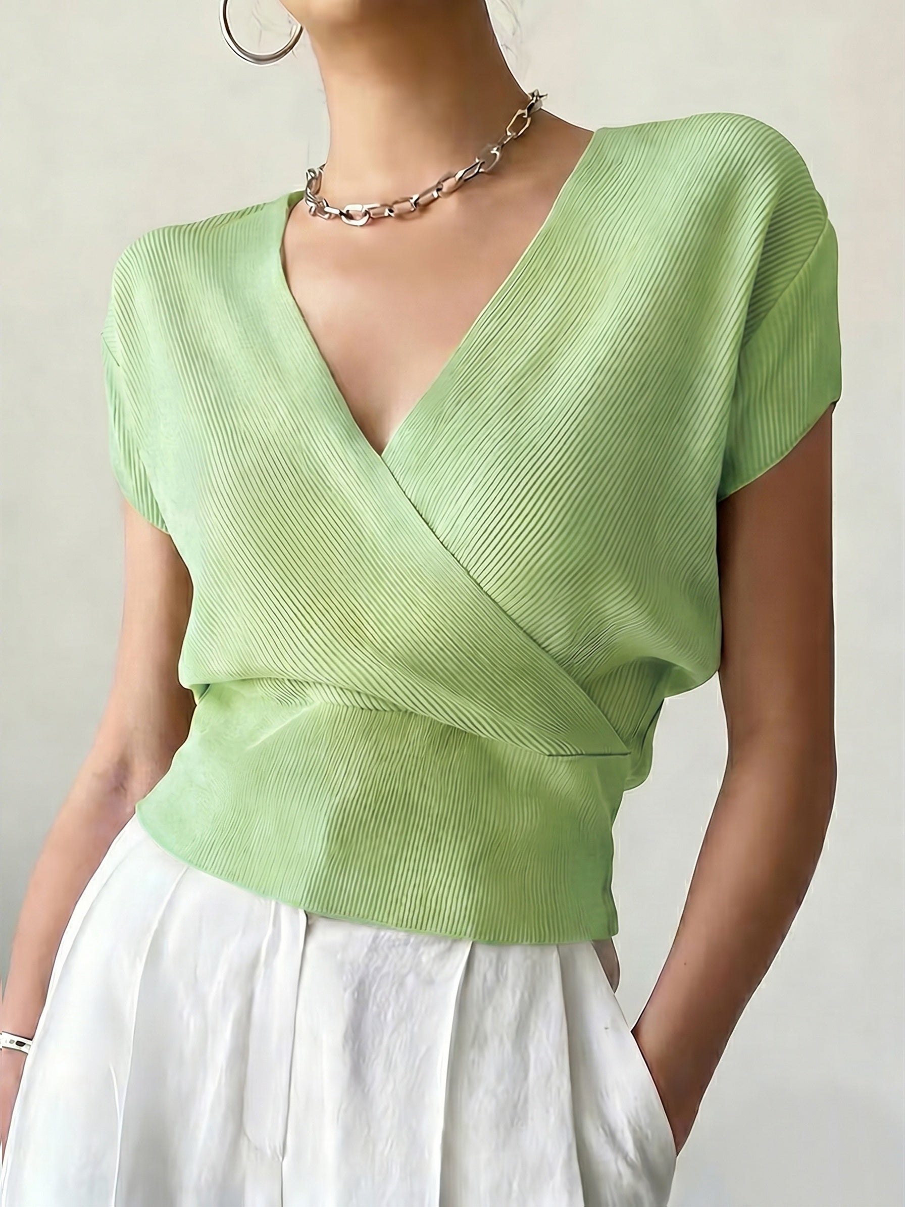 Women's Cross V-Neck Short Sleeve Blouse – Loose Fit Summer Wrap Top