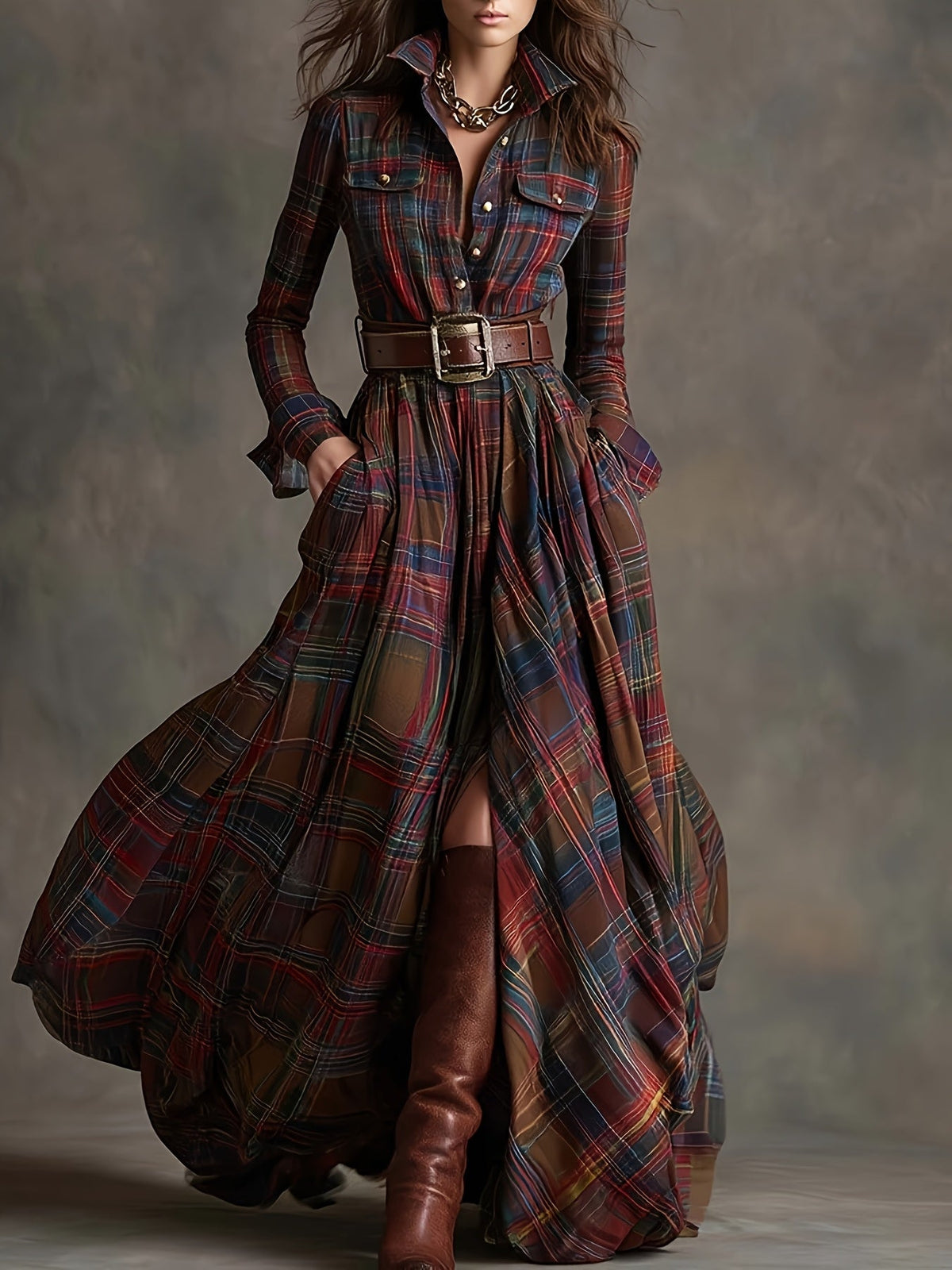 Women's Vintage Plaid Long Sleeve Maxi Shirt Dress with Button Front
